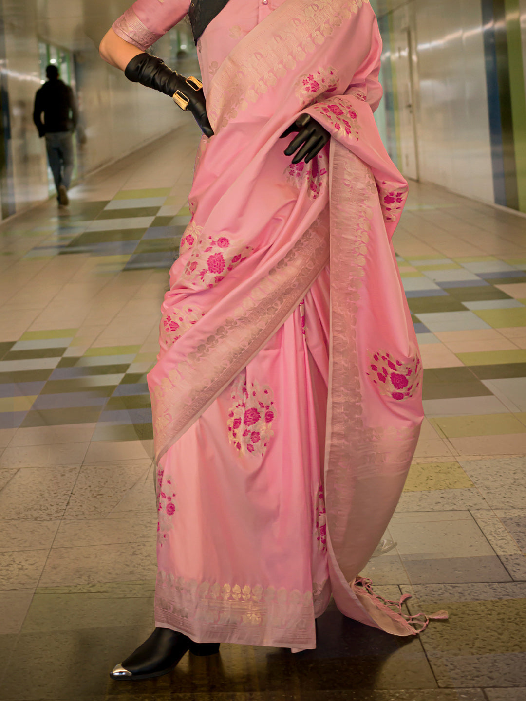 Silk Blend Pink Woven Design Designer Saree With Blouse