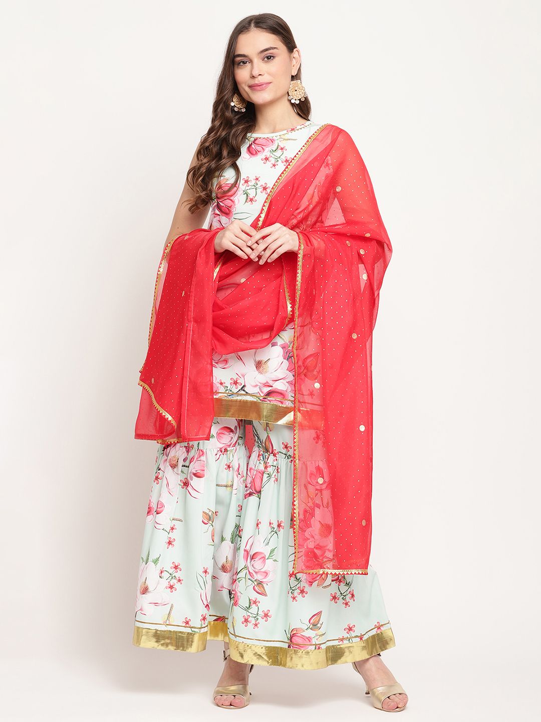 Women's Mint Green Crepe Digital Floral Print Sharara Set with Dupatta