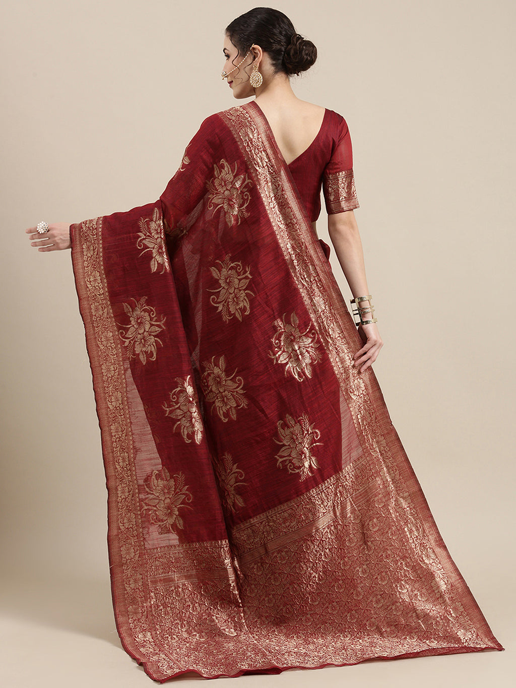Linen Maroon WovenDesign Wovensaree With Blouse Piece