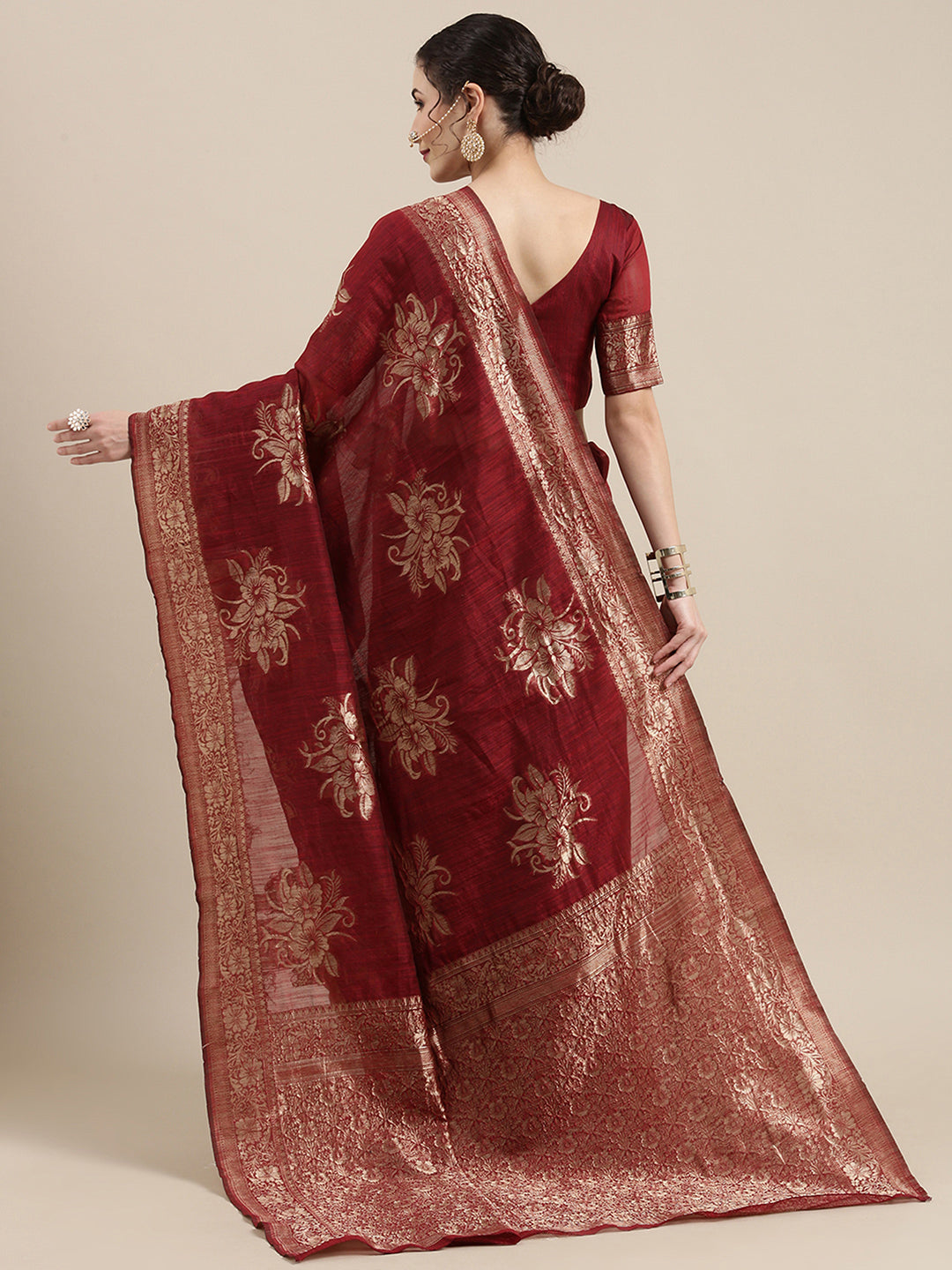Linen Maroon WovenDesign Wovensaree With Blouse Piece