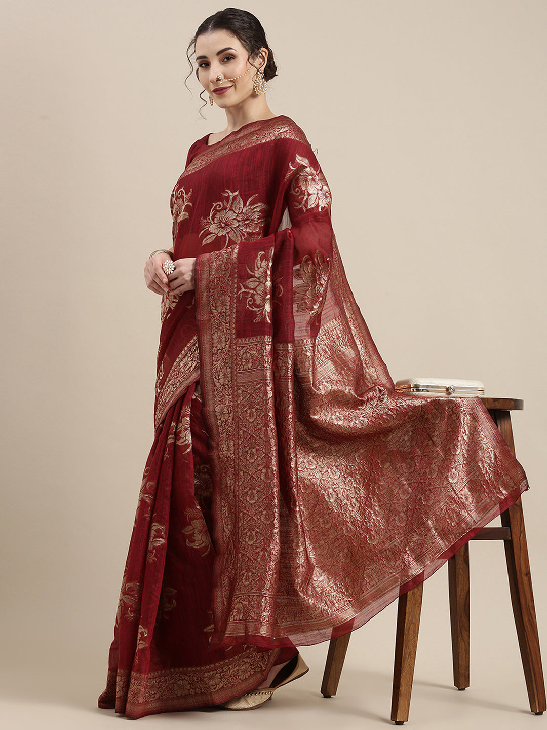 Linen Maroon WovenDesign Wovensaree With Blouse Piece