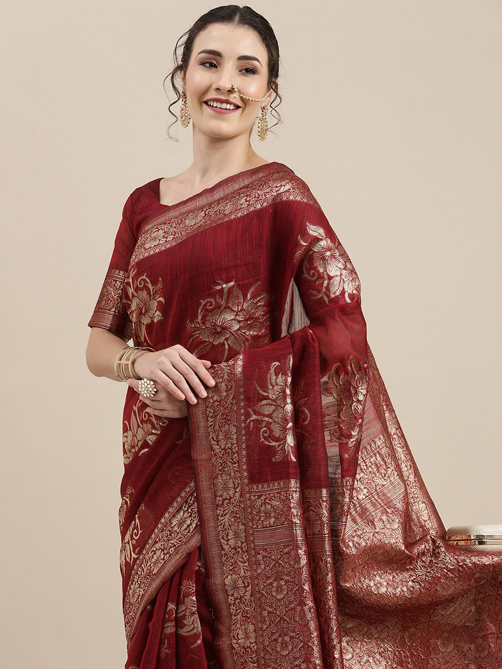 Linen Maroon WovenDesign Wovensaree With Blouse Piece