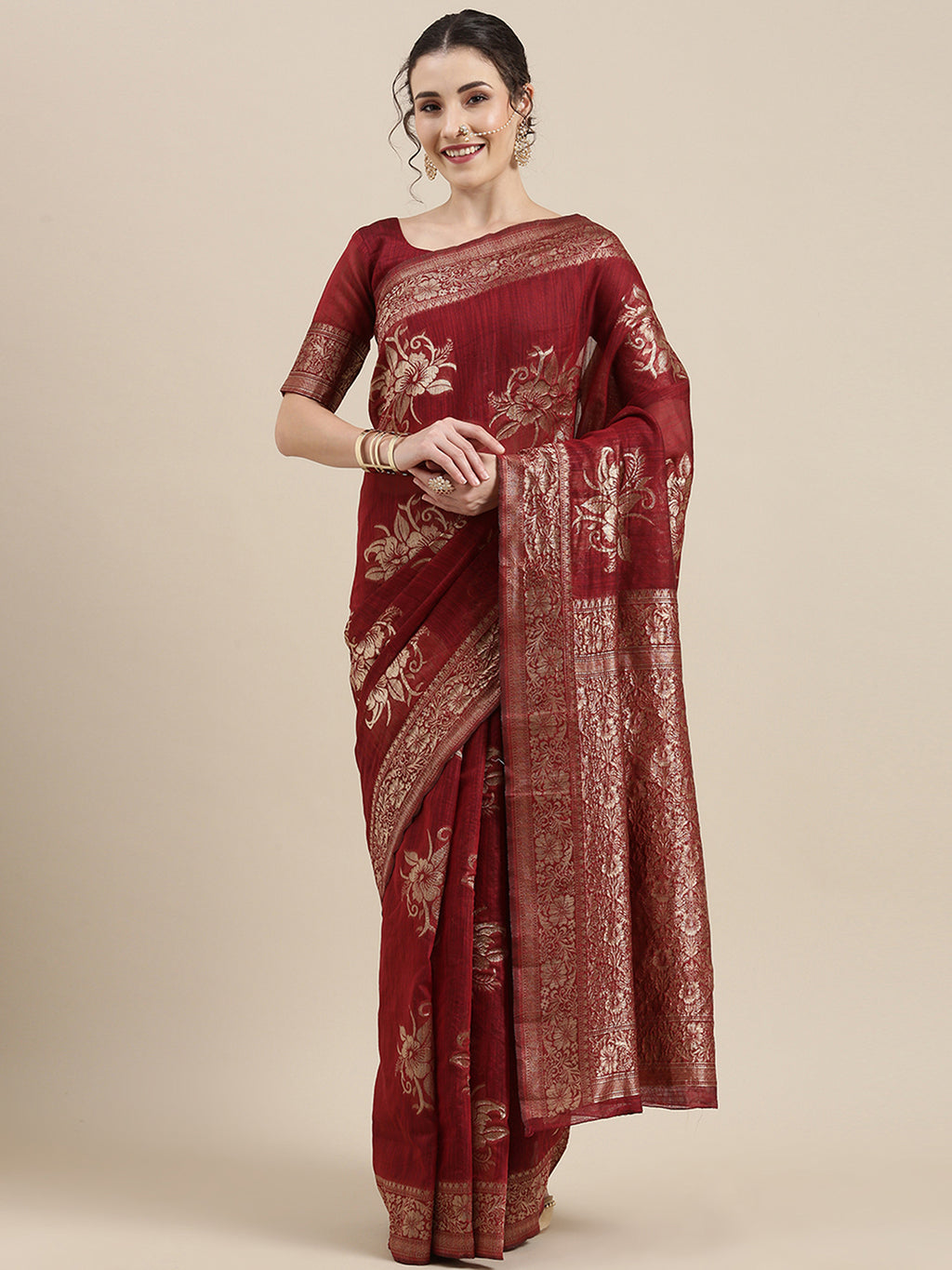 Linen Maroon WovenDesign Wovensaree With Blouse Piece