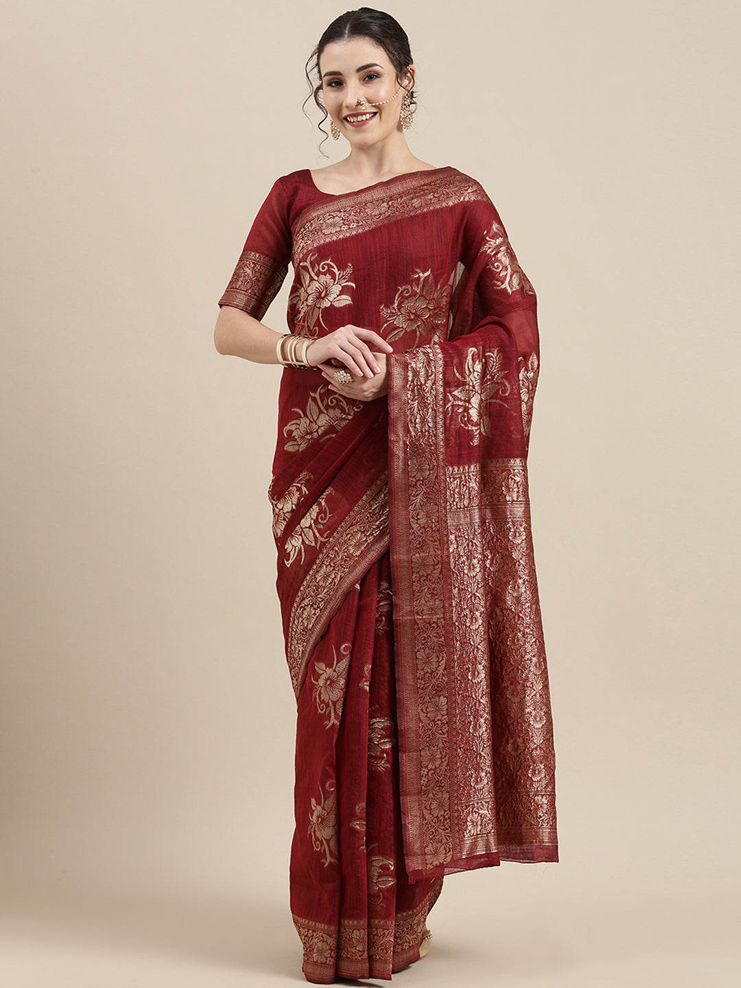 Linen Maroon WovenDesign Wovensaree With Blouse Piece