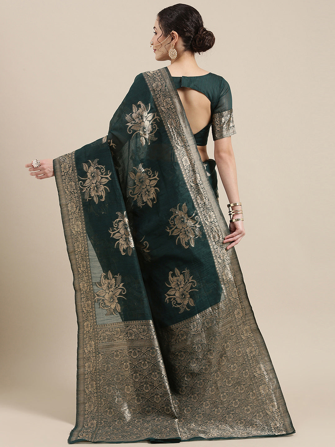Linen Teal green Woven Design Woven saree With Blouse