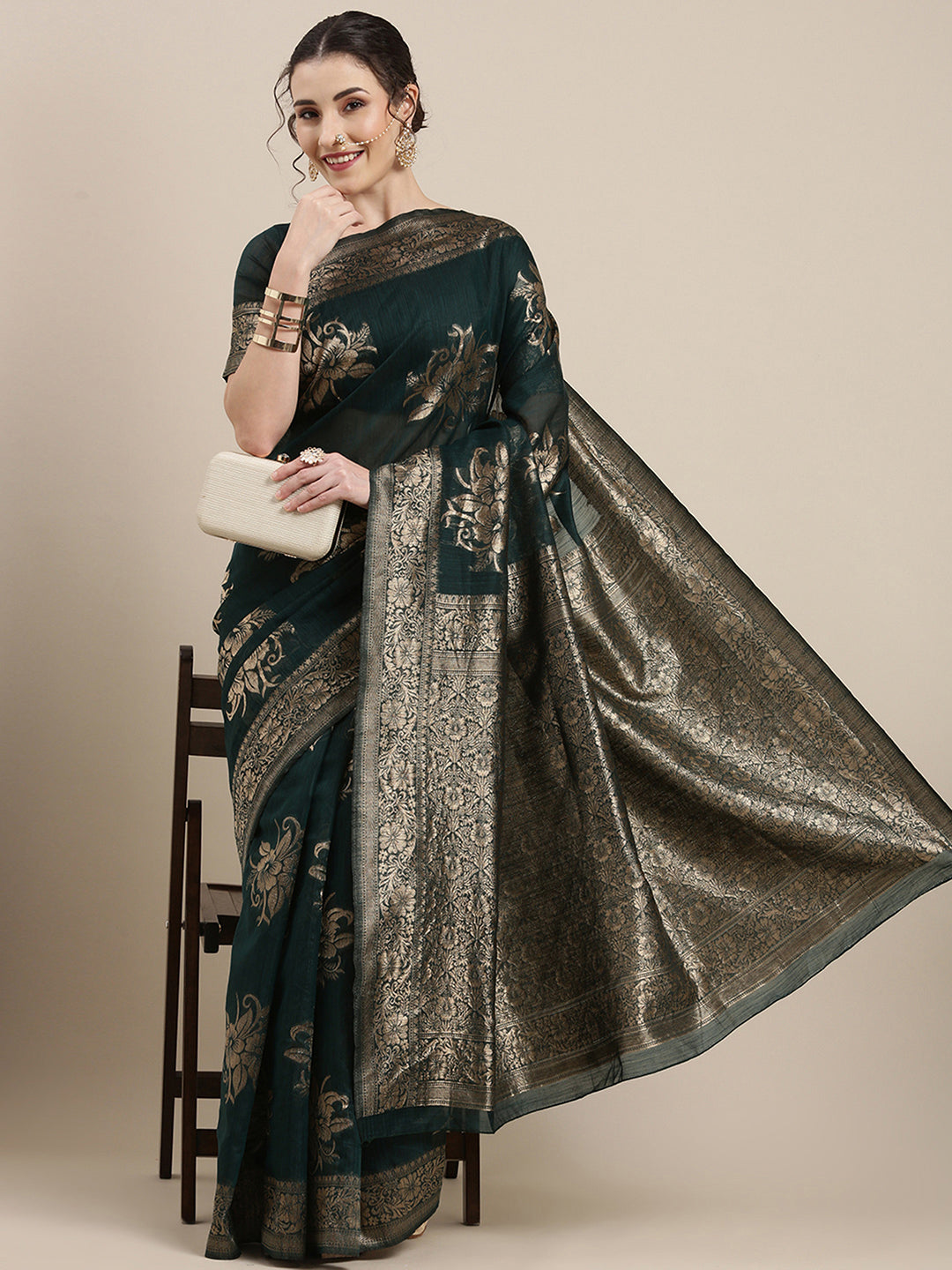 Linen Teal green Woven Design Woven saree With Blouse