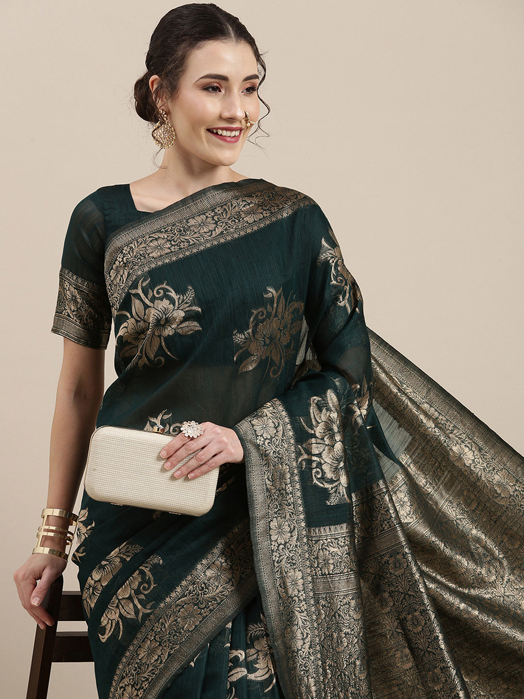 Linen Teal green Woven Design Woven saree With Blouse
