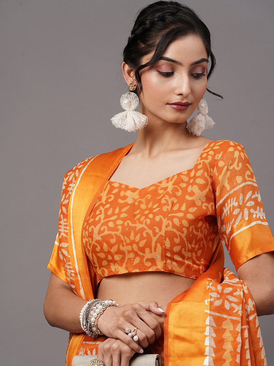 Cotton Blend Mustard Printed Designer Saree With Blouse