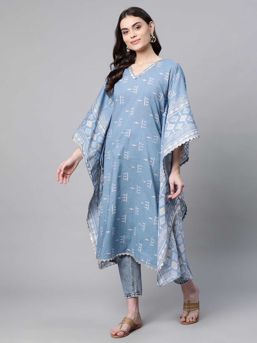 Blue Pure Cotton Printed Kaftan Kurta