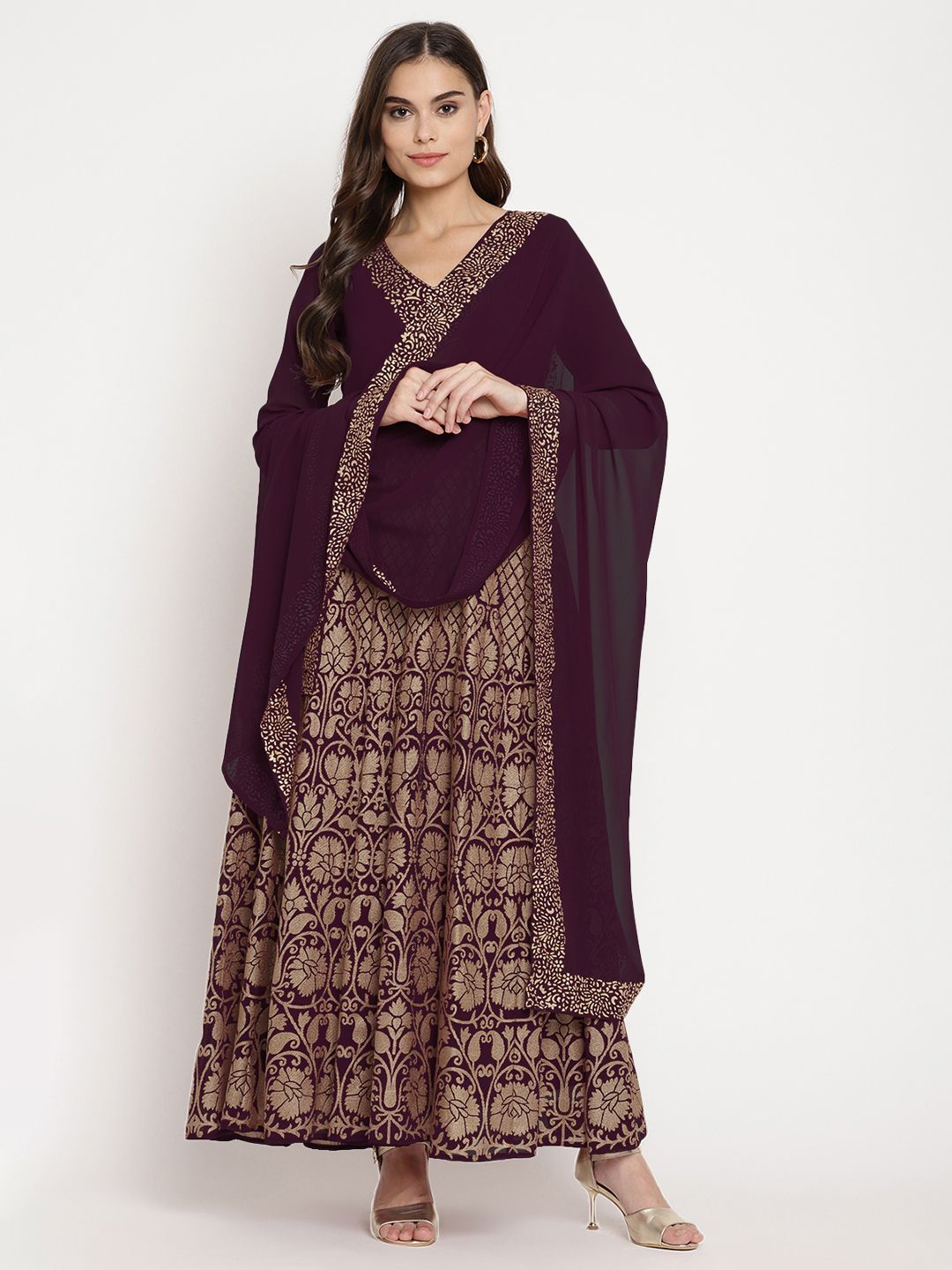 Wine Georgette Gold Foil Print Flared Kurta with Dupatta