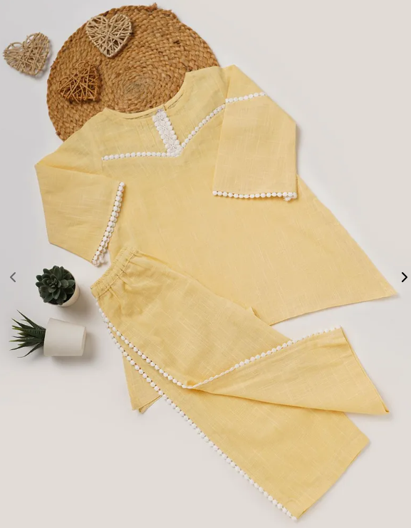 Lemon Yellow Lace Work Cotton Slub Cord set - set of 2