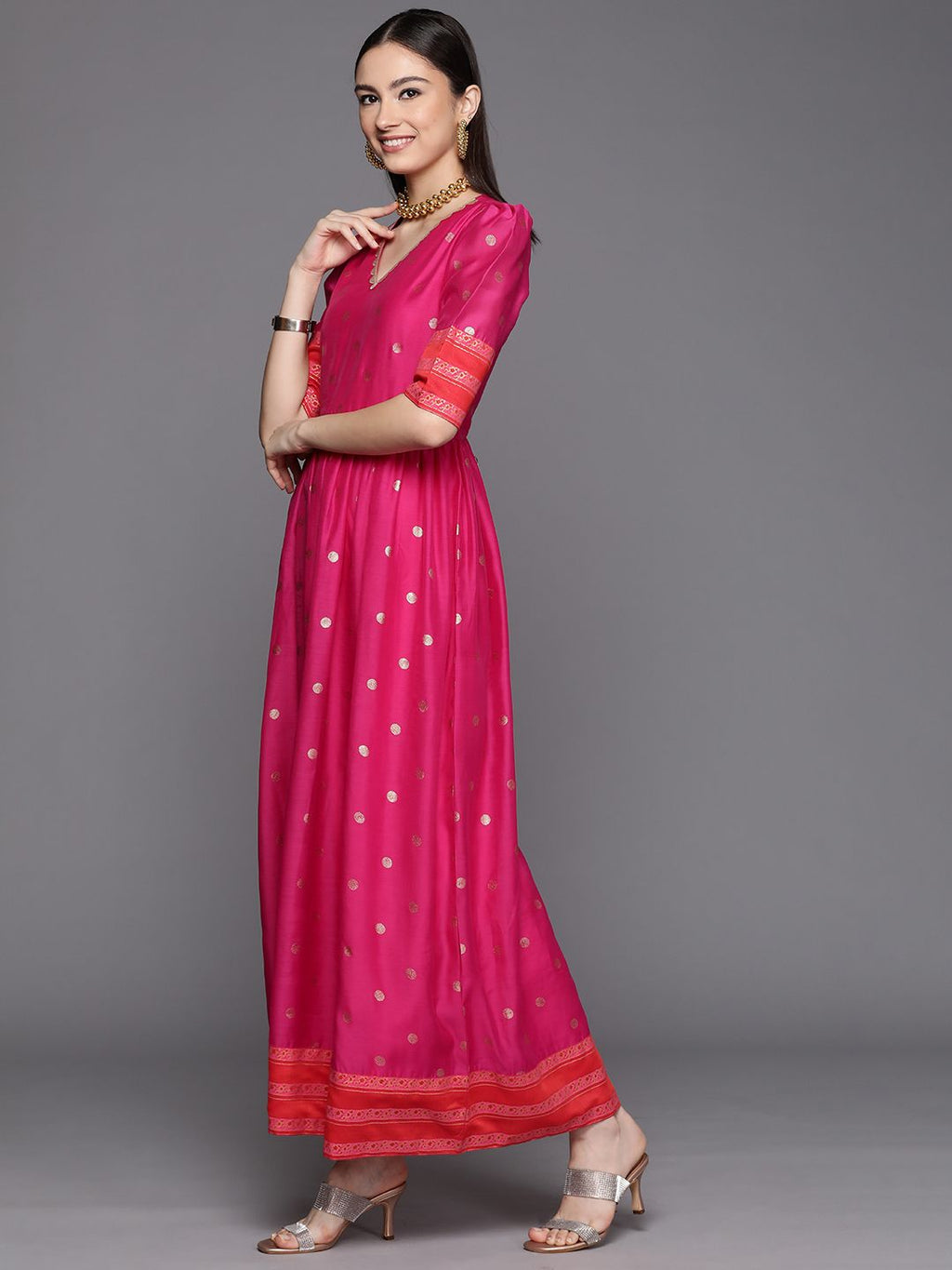 Pink Chanderi Gold Foil Print Dress-AH