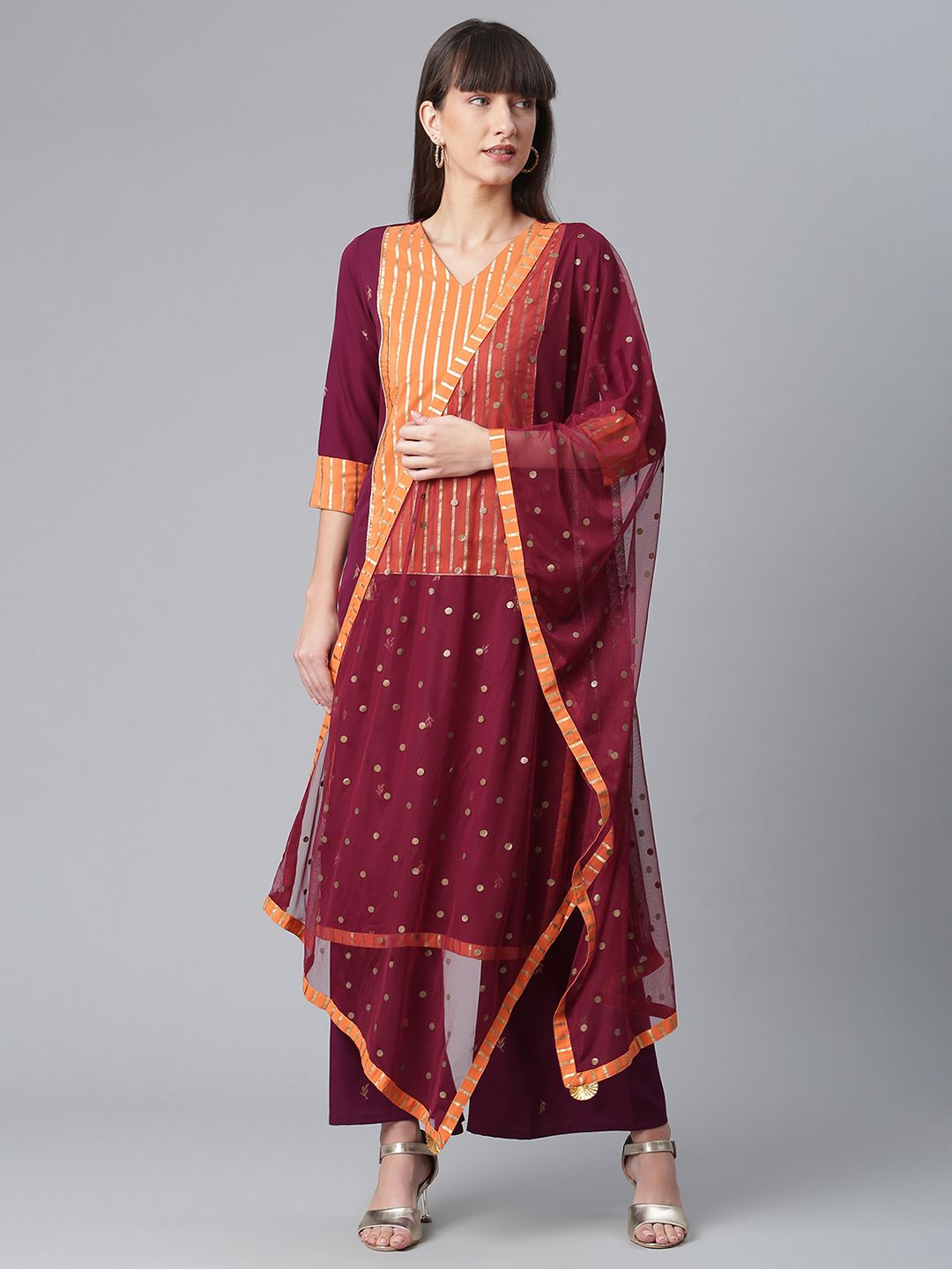 Wine & Orange Printed Kurta Palazzo Set With Printed Dupatta