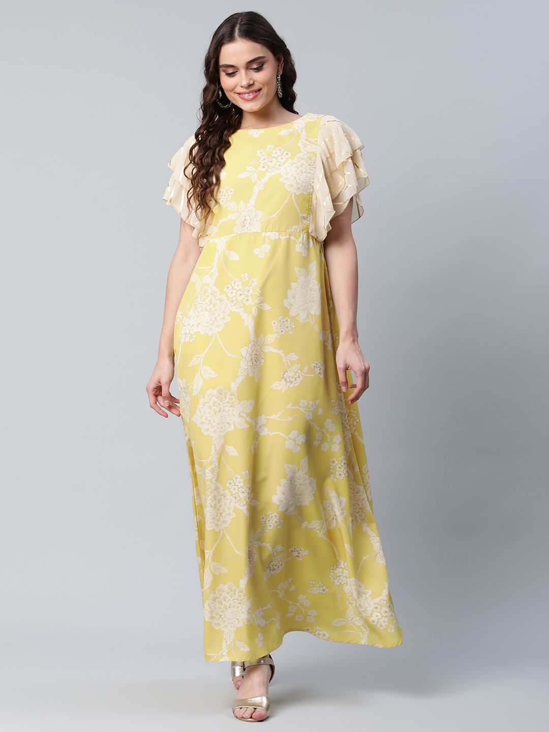 Lemon Yellow Crepe Floral Dress