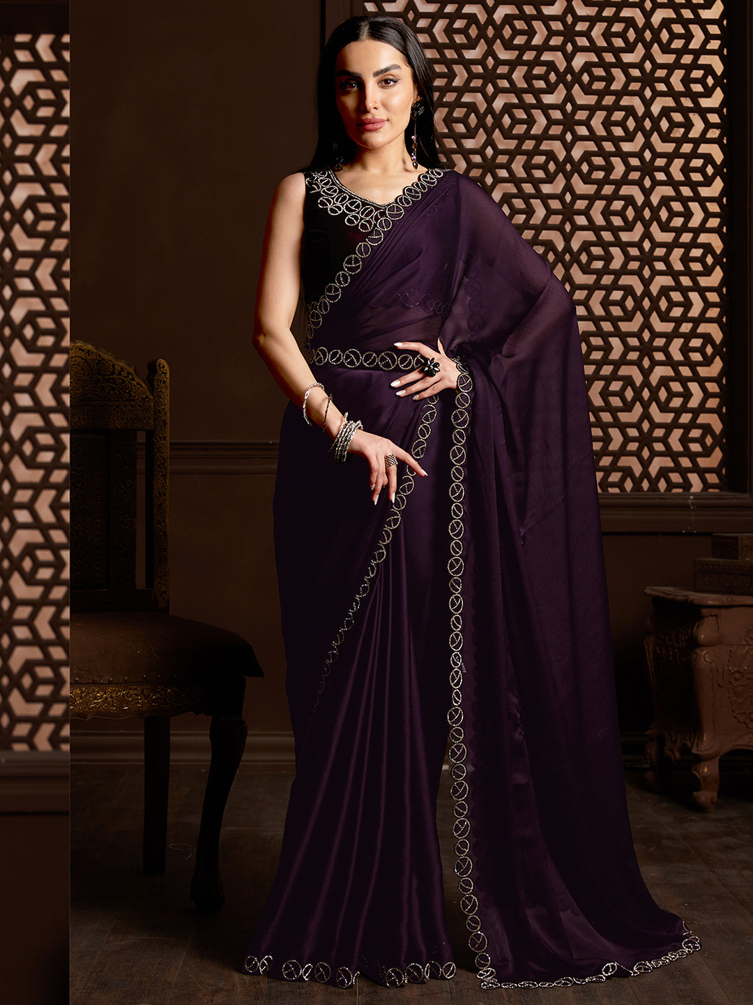 Chiffon Purple Embellished Celebrity Saree With Blouse