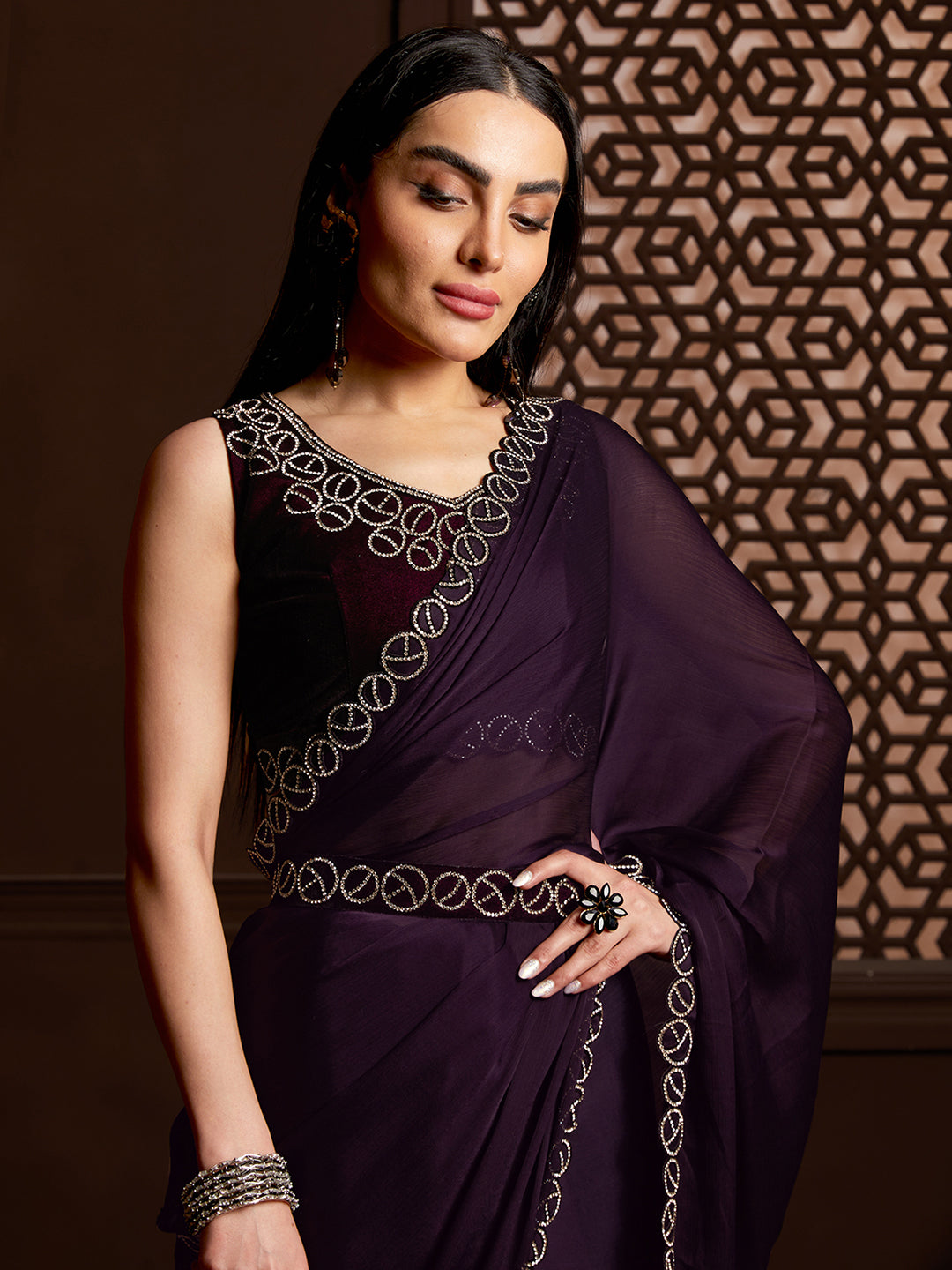 Chiffon Purple Embellished Celebrity Saree With Blouse