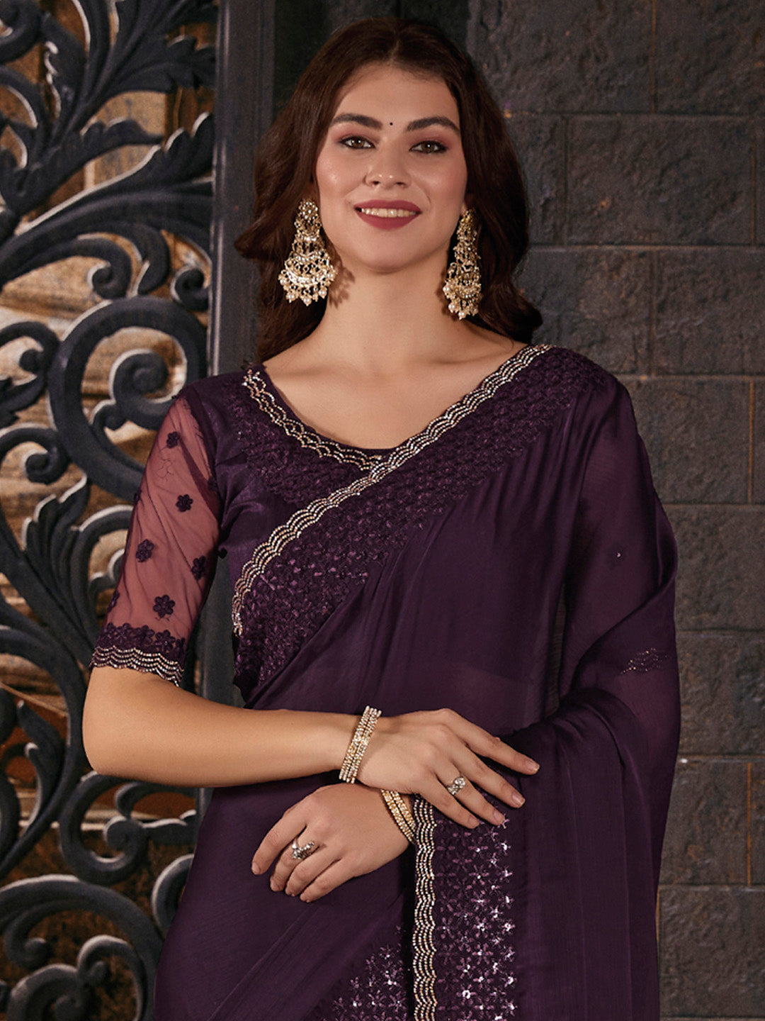 Pure Chiffon Purple Embellished Designer Saree With Blouse