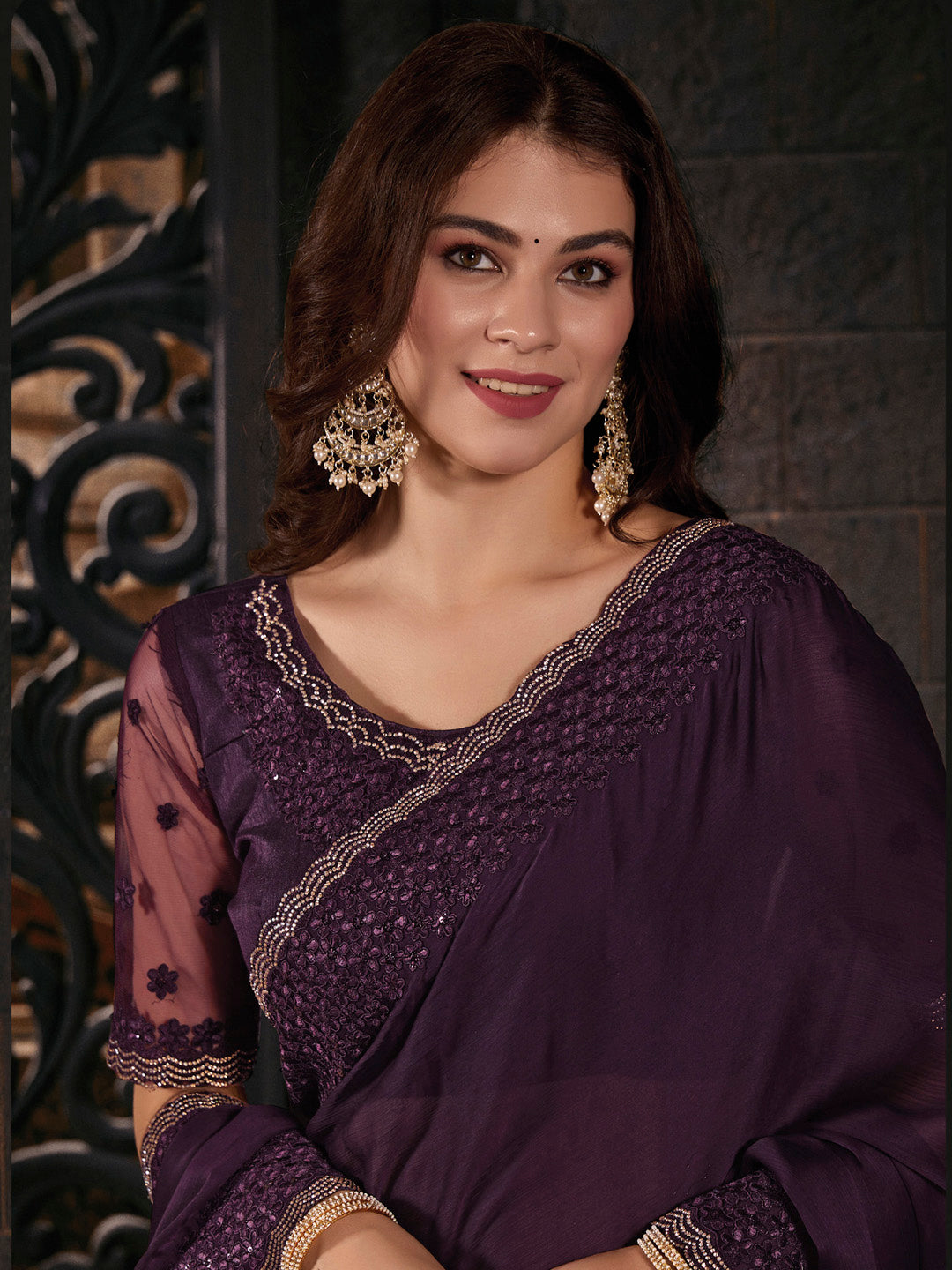 Pure Chiffon Purple Embellished Designer Saree With Blouse