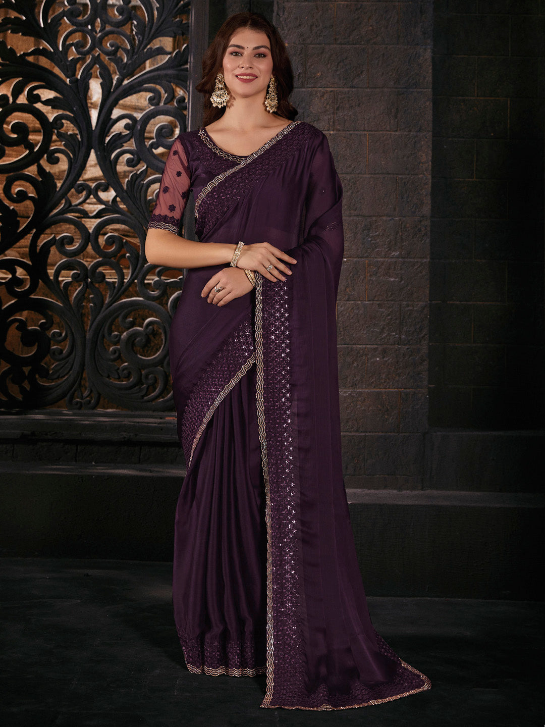 Pure Chiffon Purple Embellished Designer Saree With Blouse