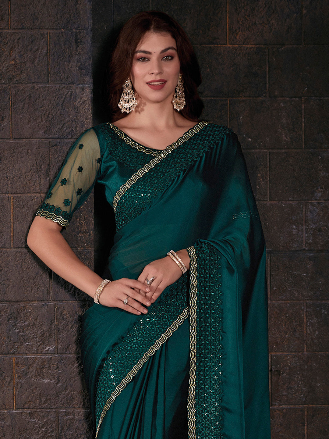 Pure Chiffon Teal green Embellished Designer Saree With Blouse