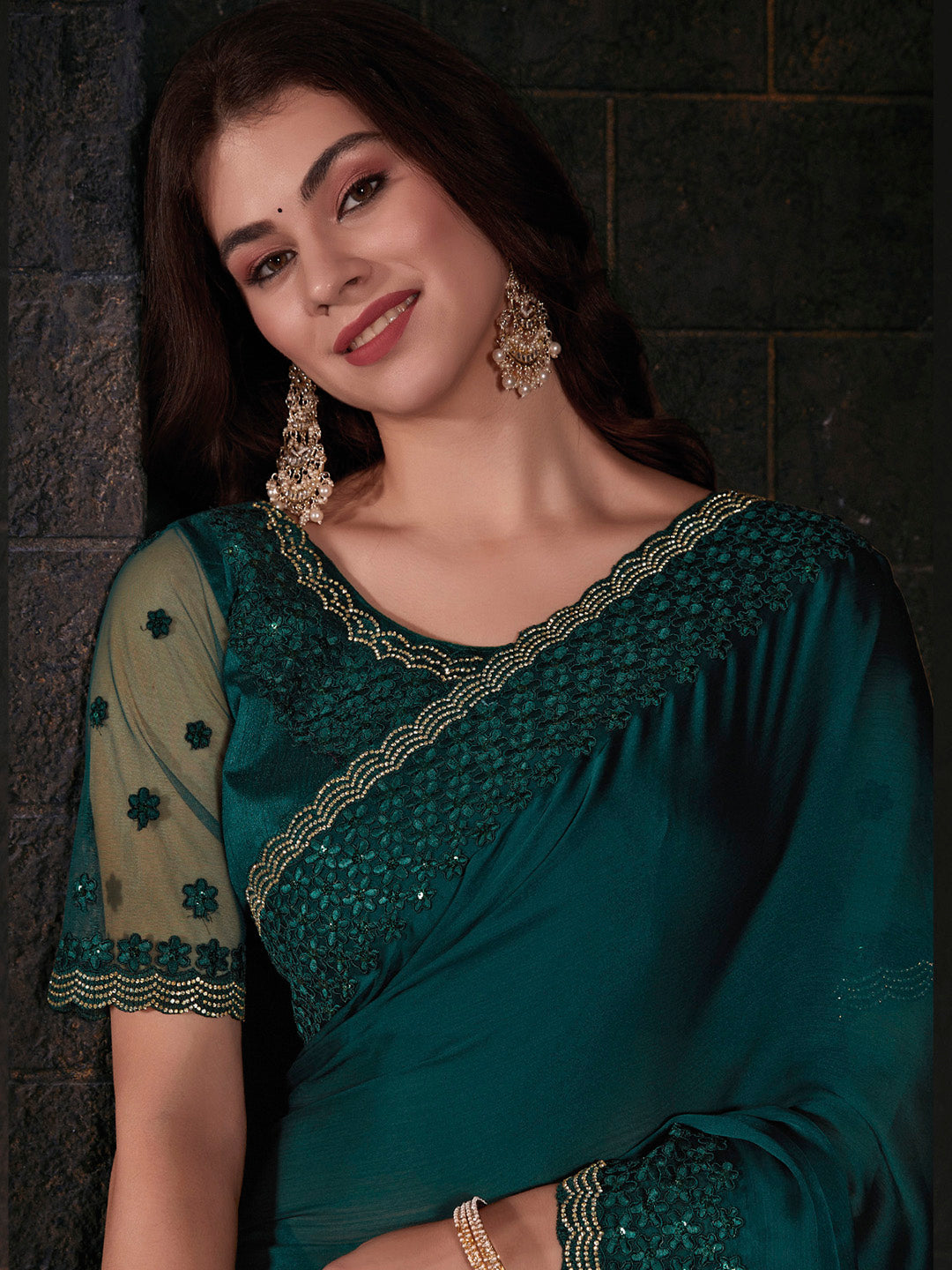 Pure Chiffon Teal green Embellished Designer Saree With Blouse