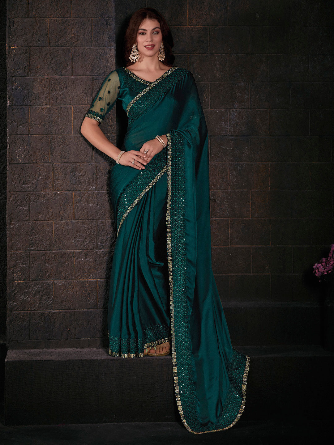 Pure Chiffon Teal green Embellished Designer Saree With Blouse