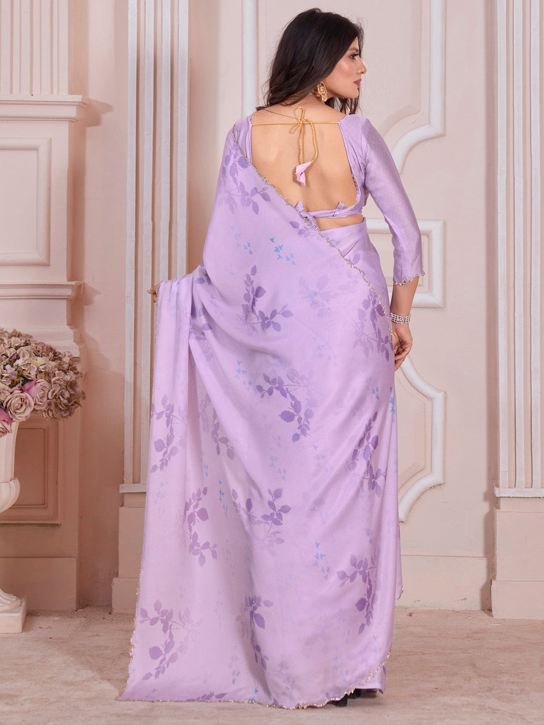 Satin Silk Lavendar Digital Print Designer Saree With Blouse