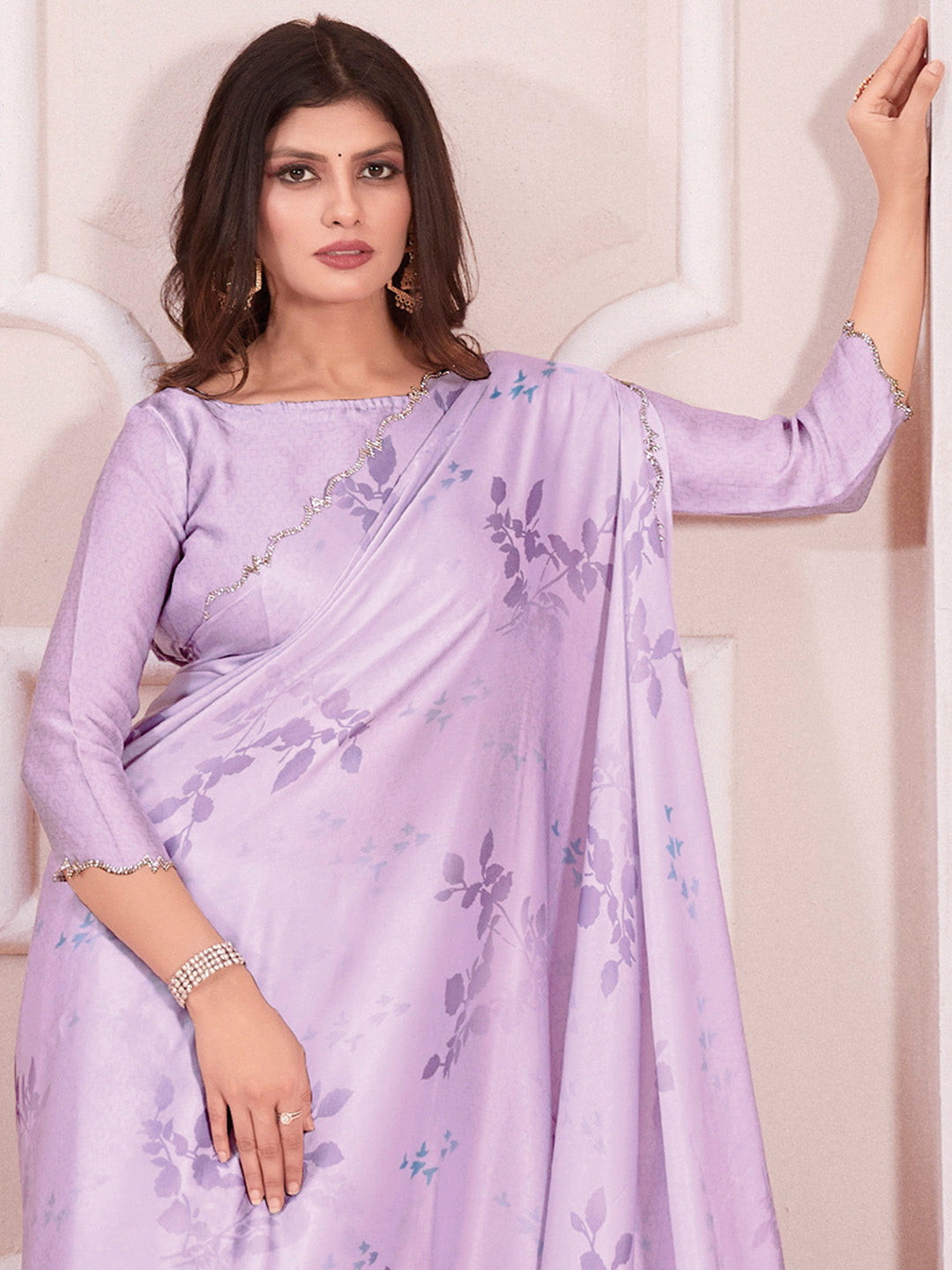 Satin Silk Lavendar Digital Print Designer Saree With Blouse