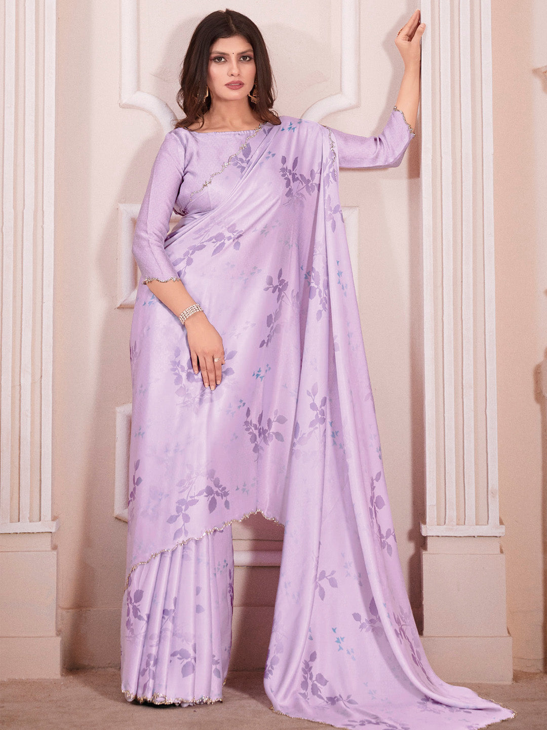 Satin Silk Lavendar Digital Print Designer Saree With Blouse