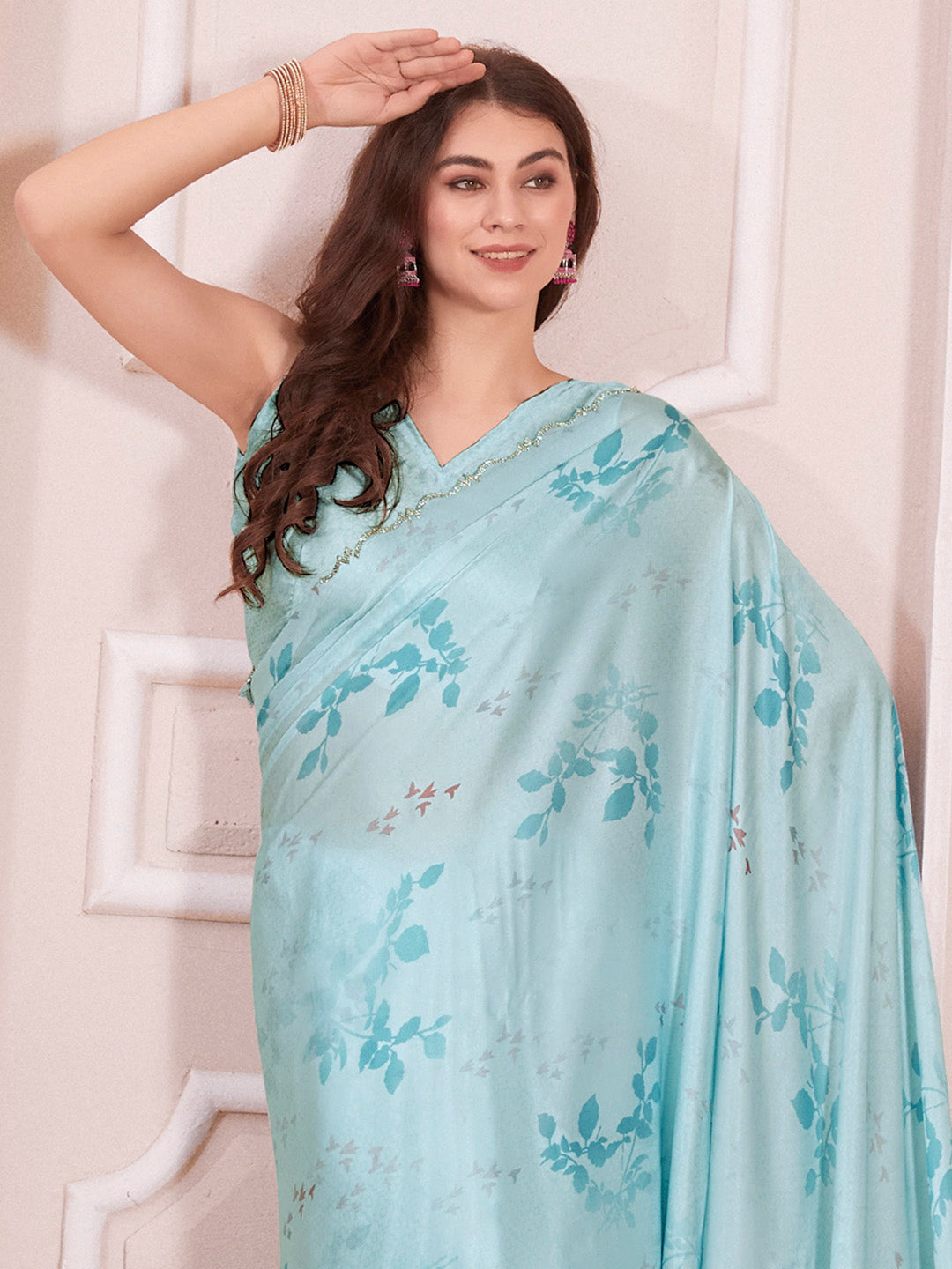 Satin Silk Light Blue Digital Print Designer Saree With Blouse