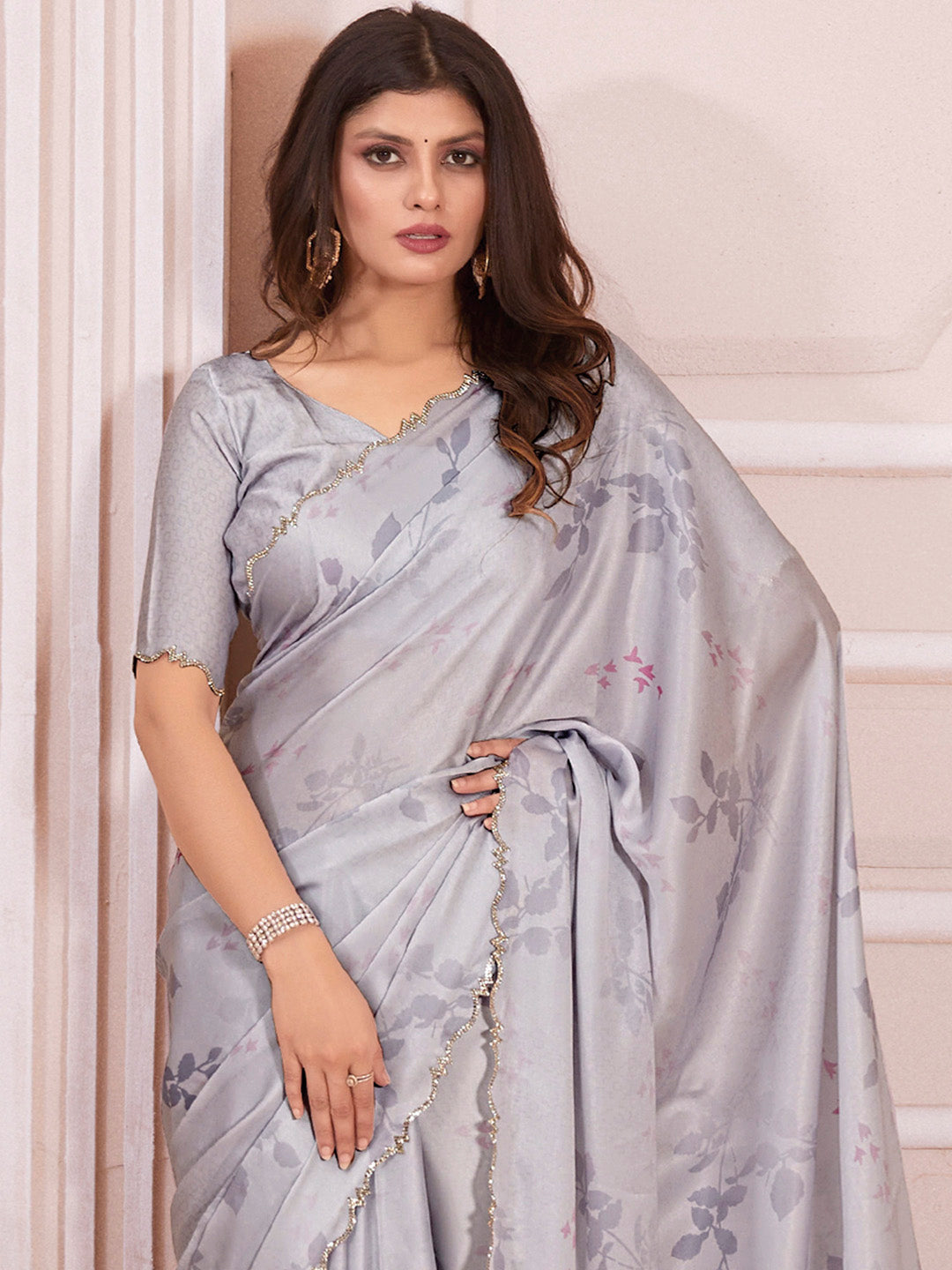 Satin Silk Grey Digital Print Designer Saree With Blouse