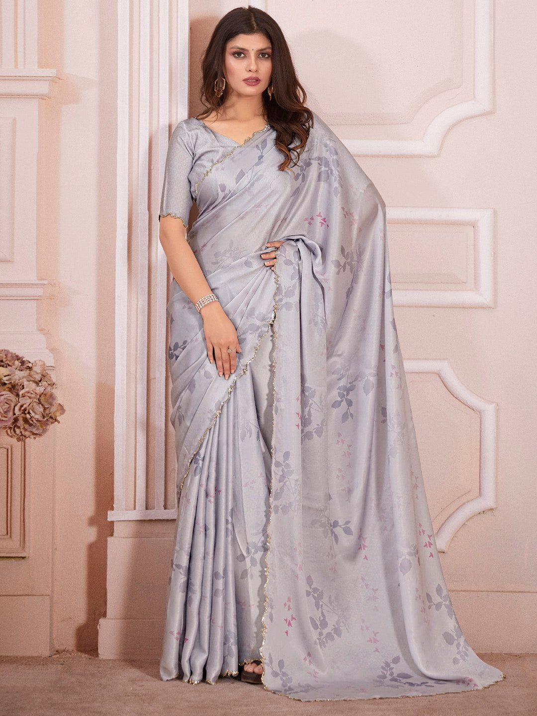 Satin Silk Grey Digital Print Designer Saree With Blouse