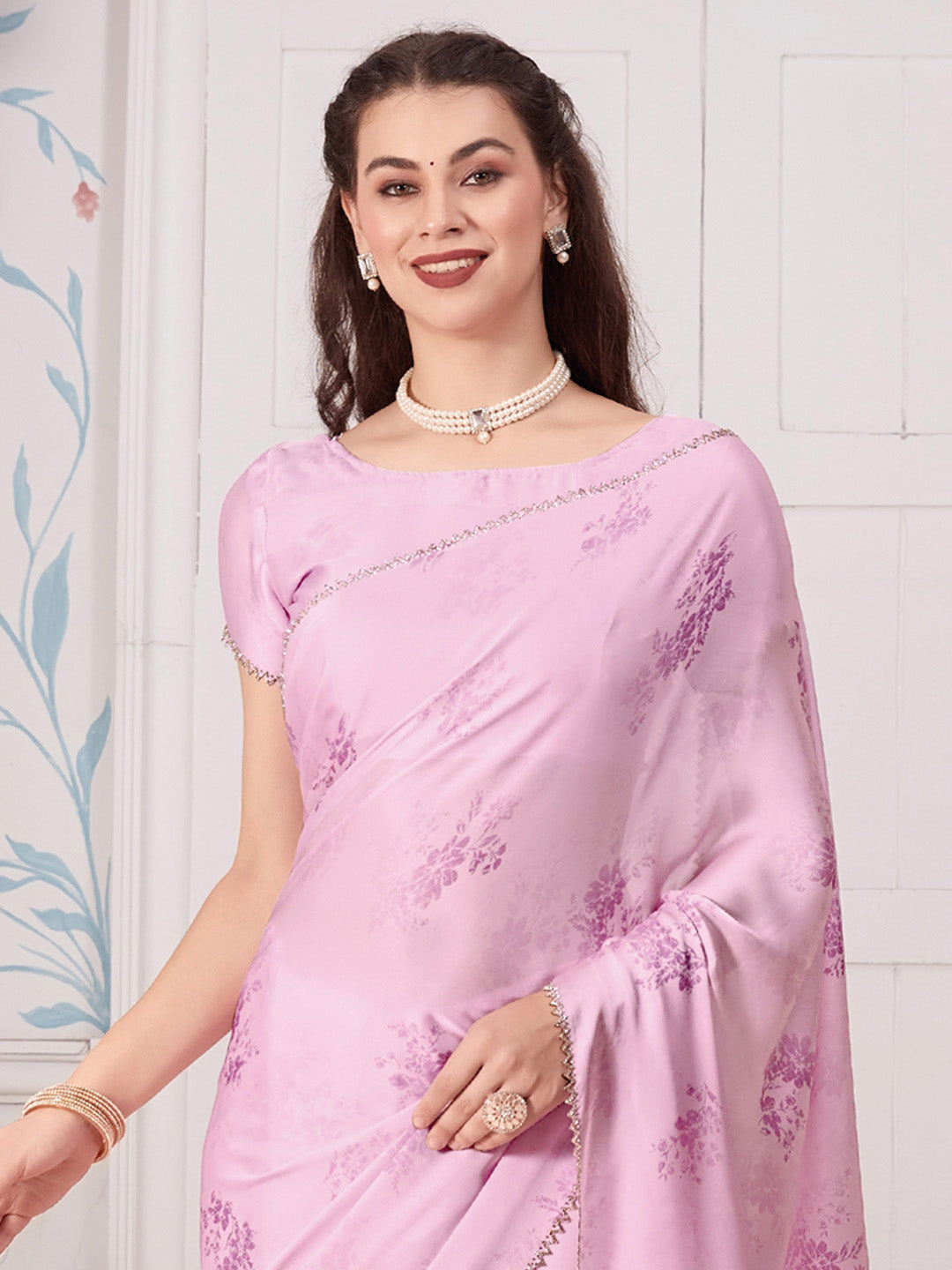 Satin Silk Pink Digital Print Designer Saree With Blouse