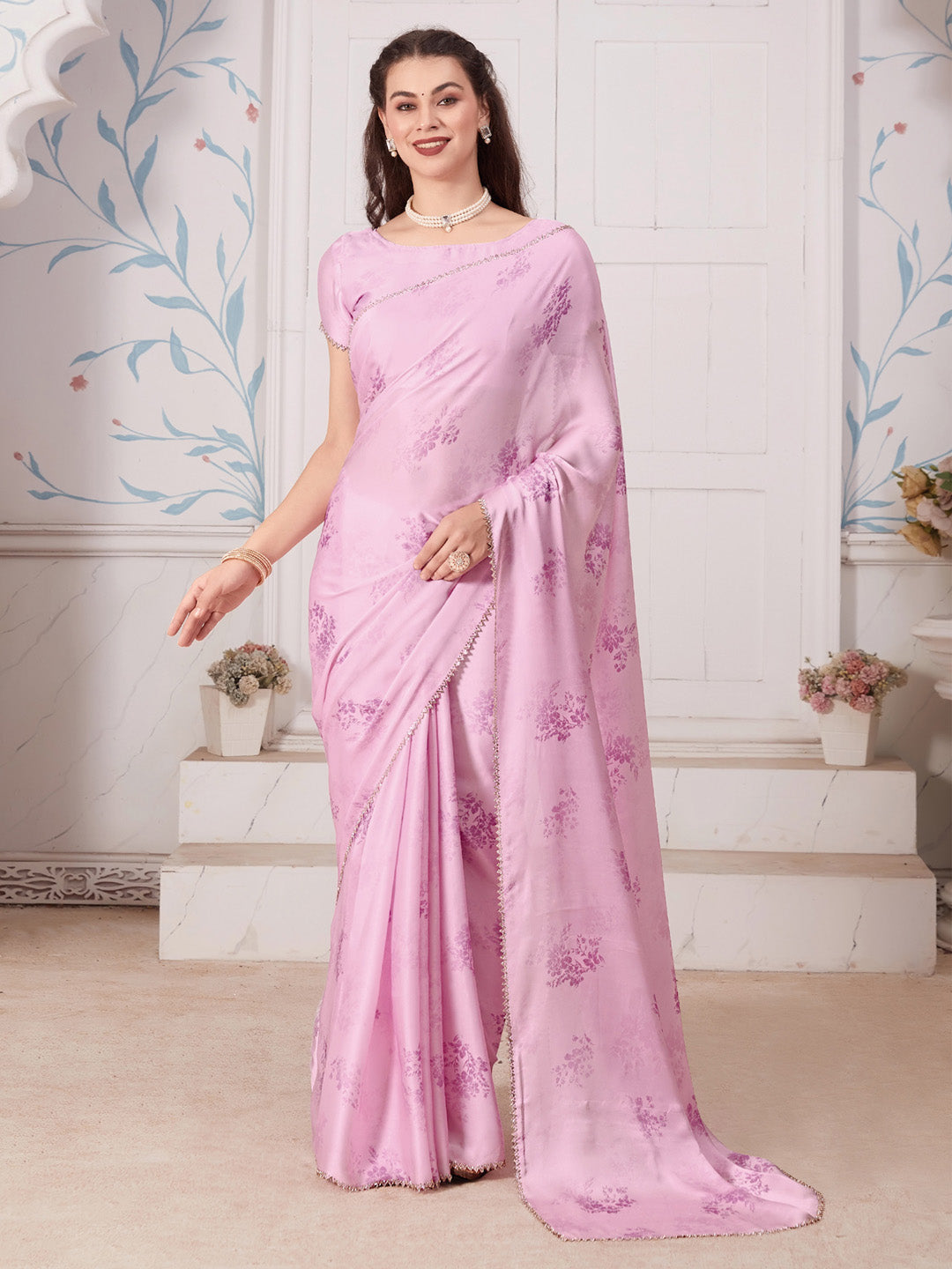 Satin Silk Pink Digital Print Designer Saree With Blouse