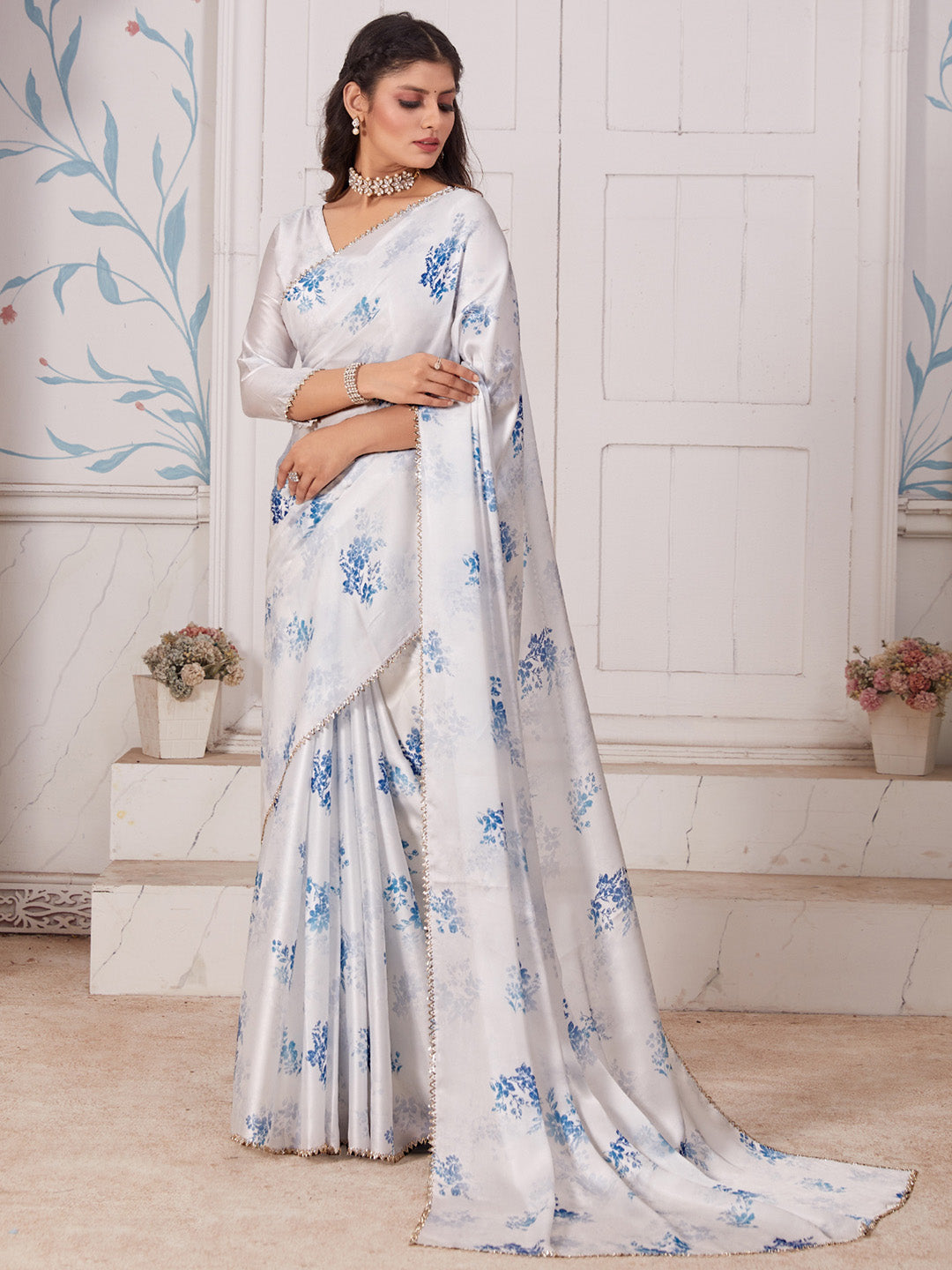 Satin Silk White Digital Print Designer Saree With Blouse