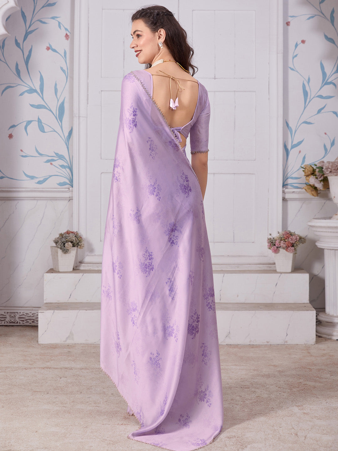 Satin Silk Lavendar Digital Print Designer Saree With Blouse