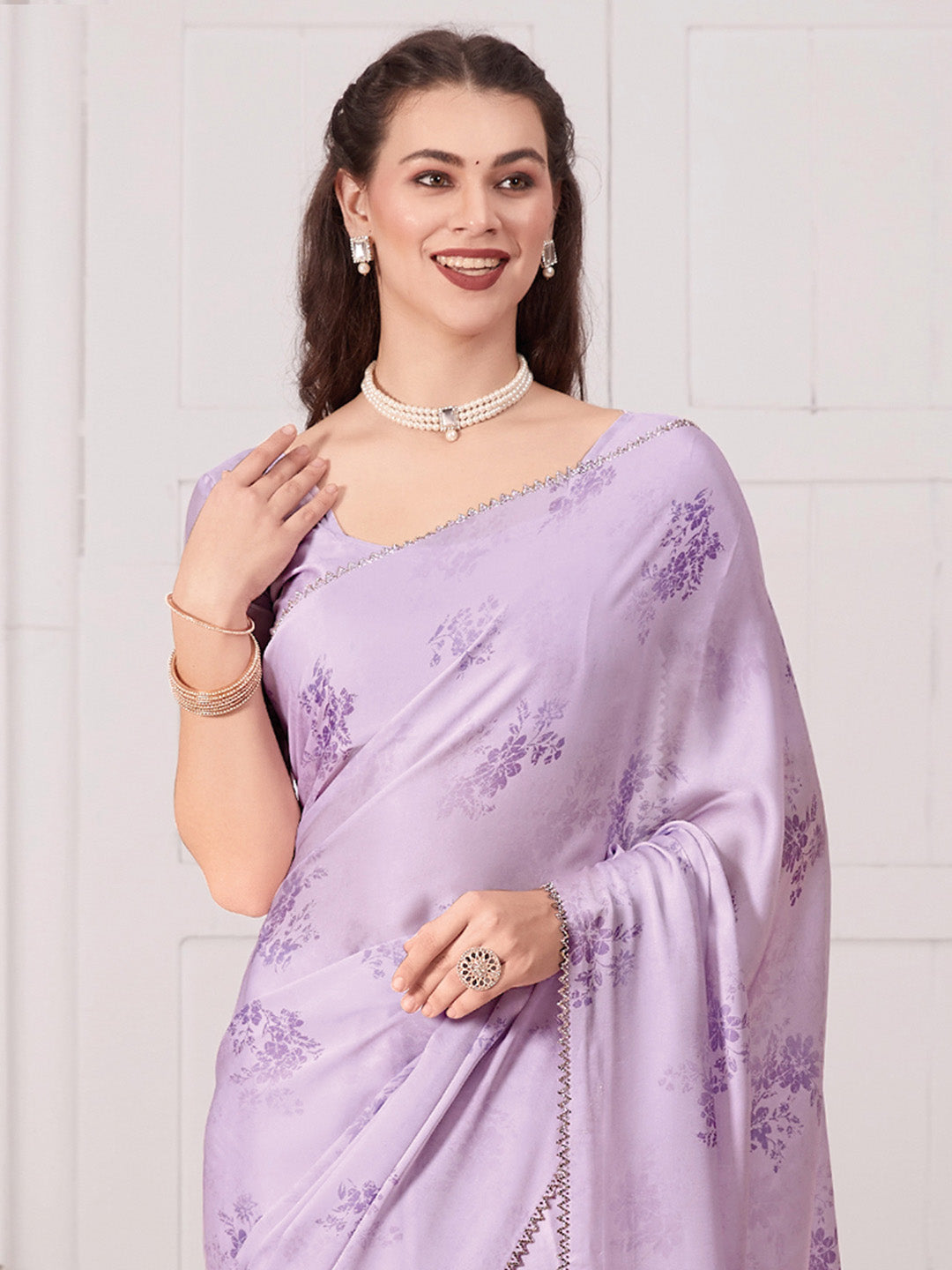 Satin Silk Lavendar Digital Print Designer Saree With Blouse