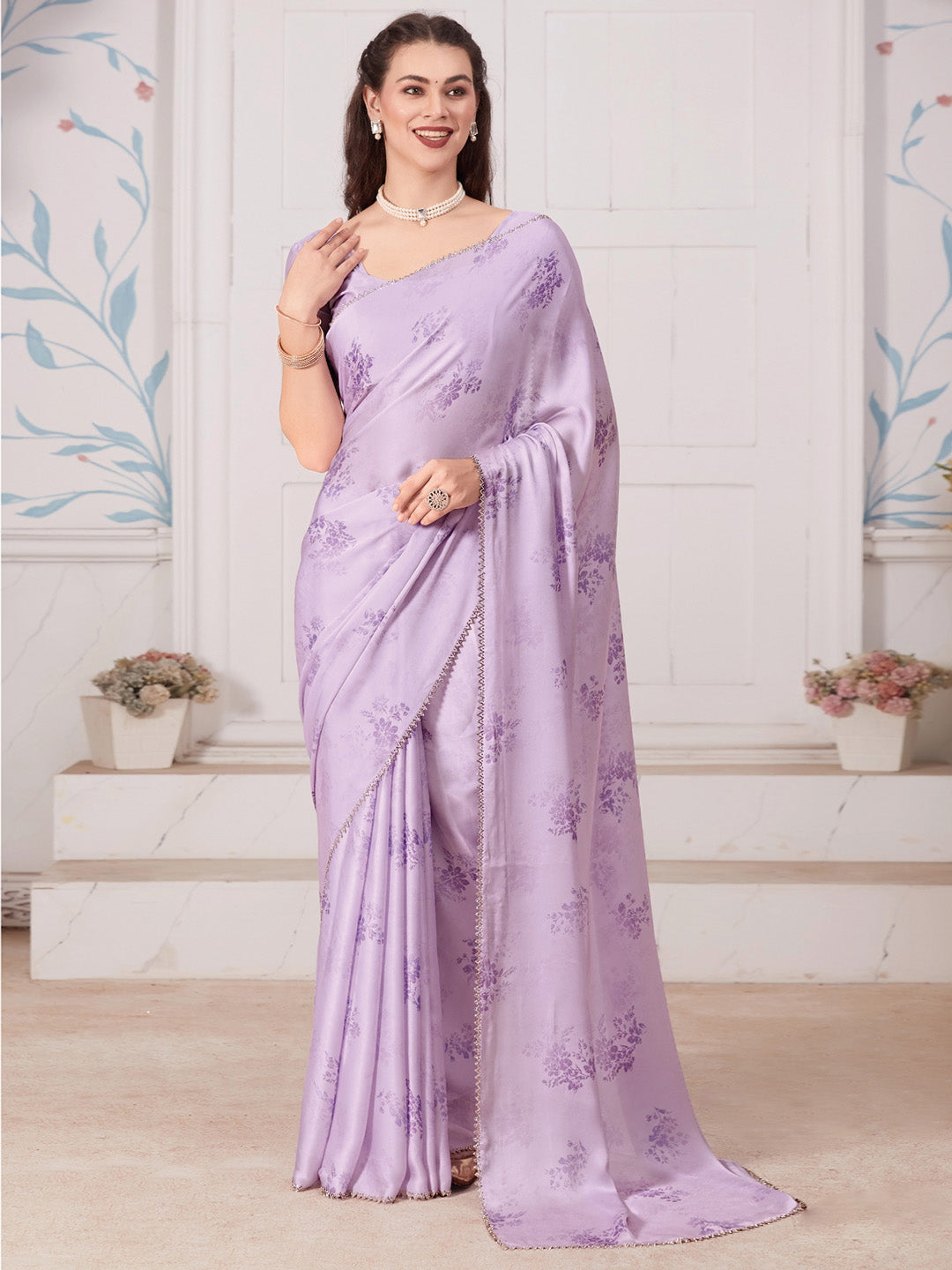 Satin Silk Lavendar Digital Print Designer Saree With Blouse