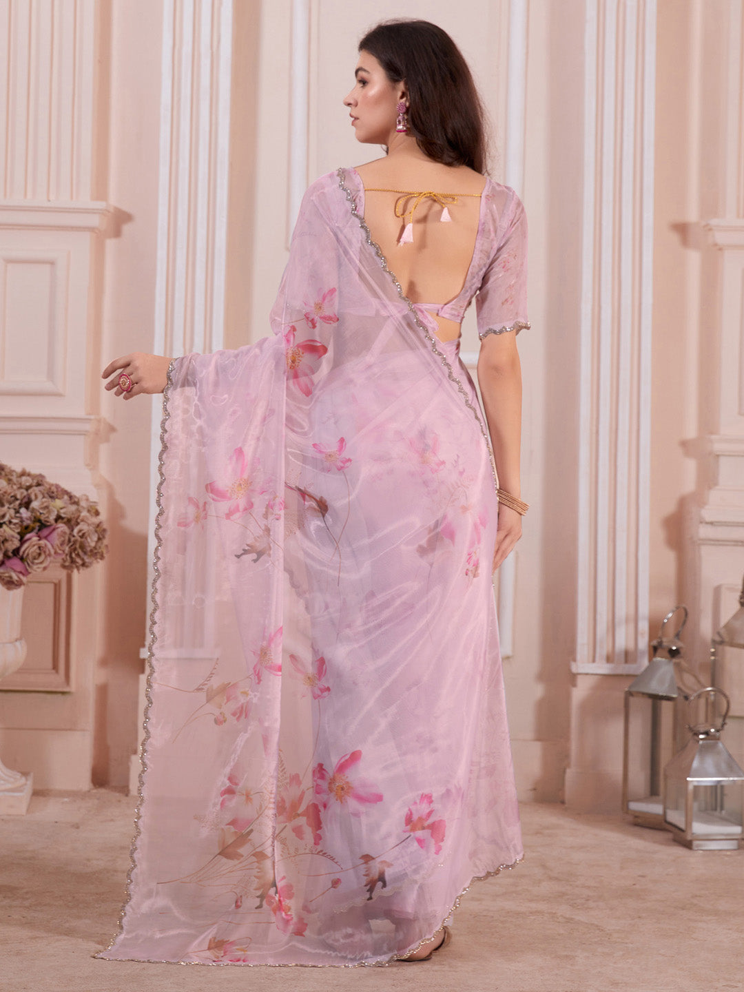 Organza Pink Digital Print Designer Saree With Blouse