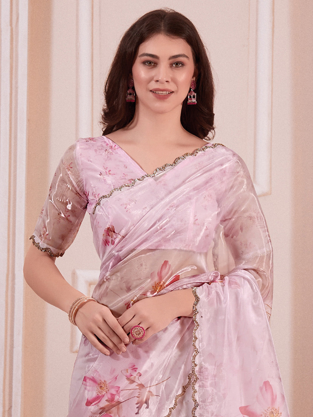 Organza Pink Digital Print Designer Saree With Blouse