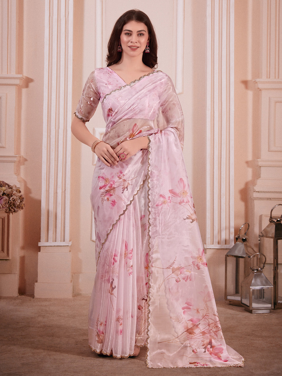 Organza Pink Digital Print Designer Saree With Blouse