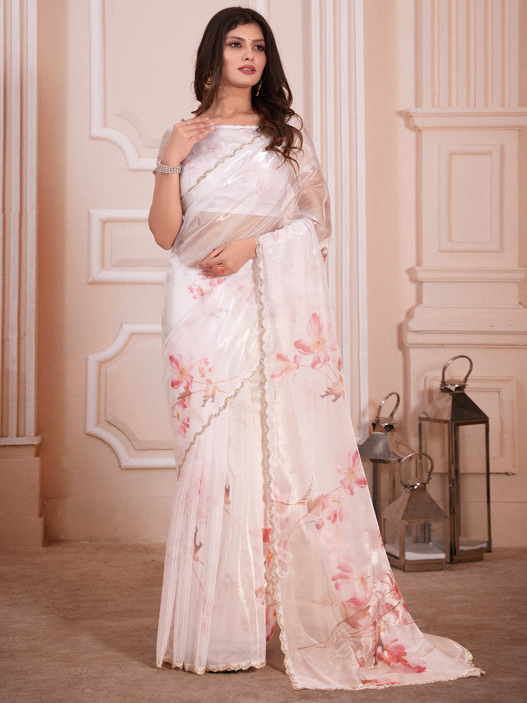 Organza White Digital Print Designer Saree With Blouse