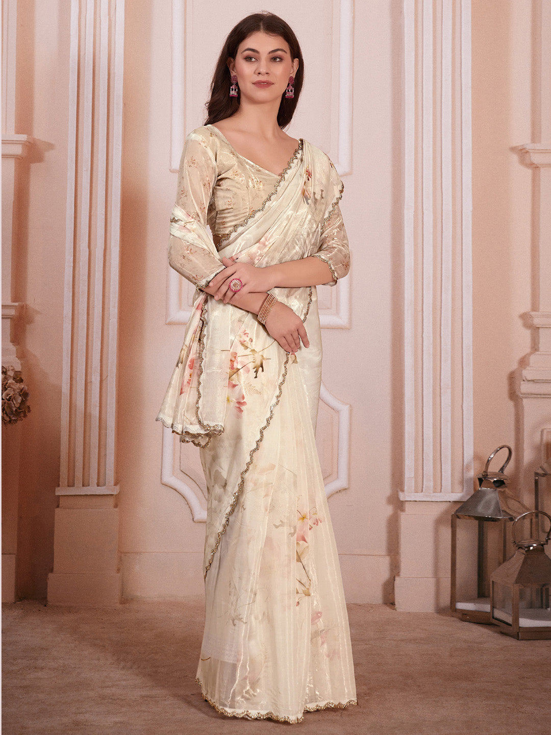 Organza Cream Digital Print Designer Saree With Blouse