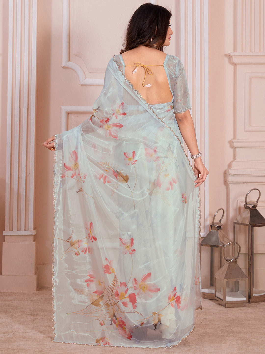 Organza Light Blue Digital Print Designer Saree With Blouse