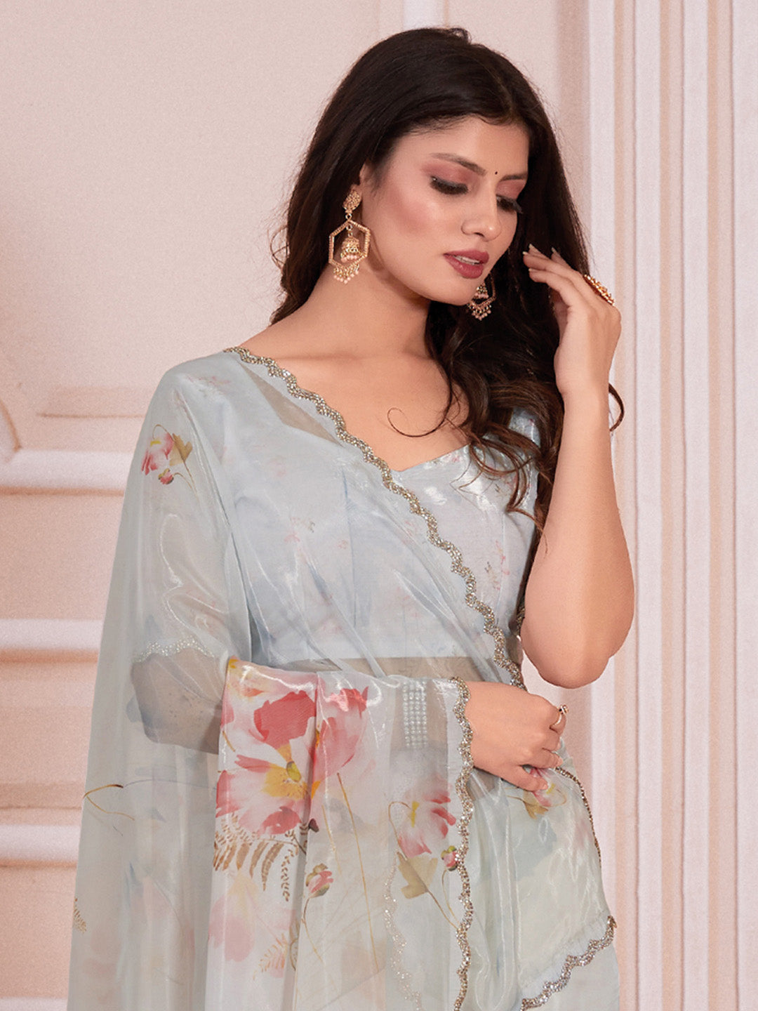 Organza Light Blue Digital Print Designer Saree With Blouse