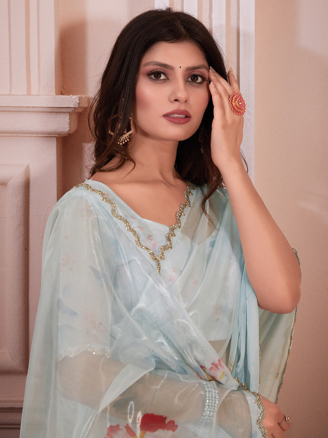 Organza Light Blue Digital Print Designer Saree With Blouse