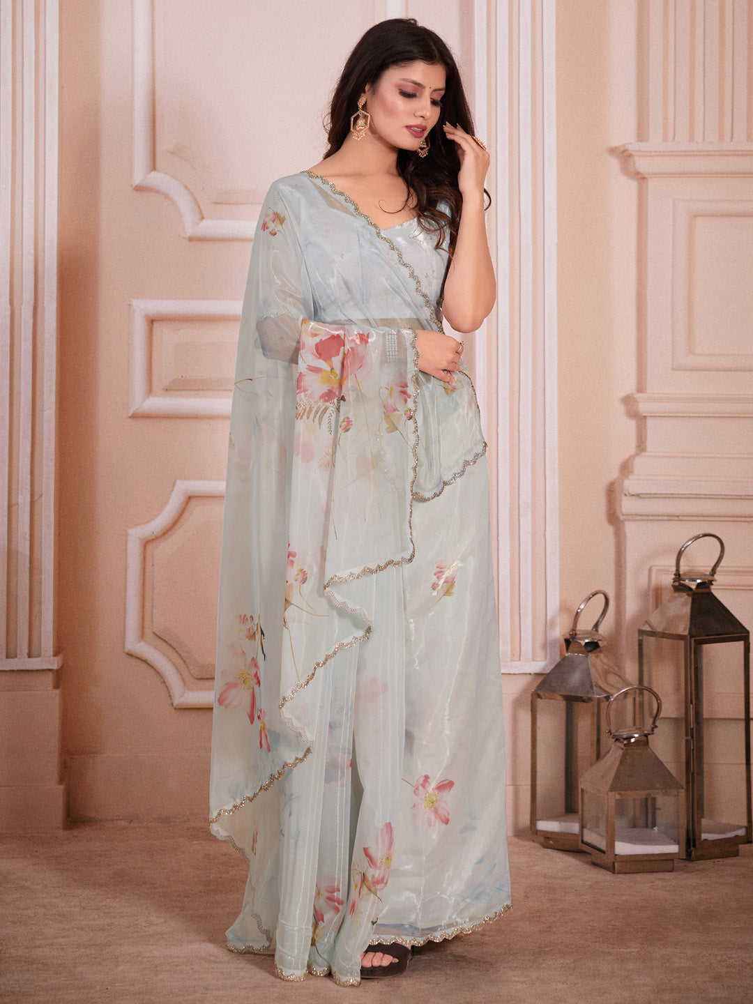 Organza Light Blue Digital Print Designer Saree With Blouse