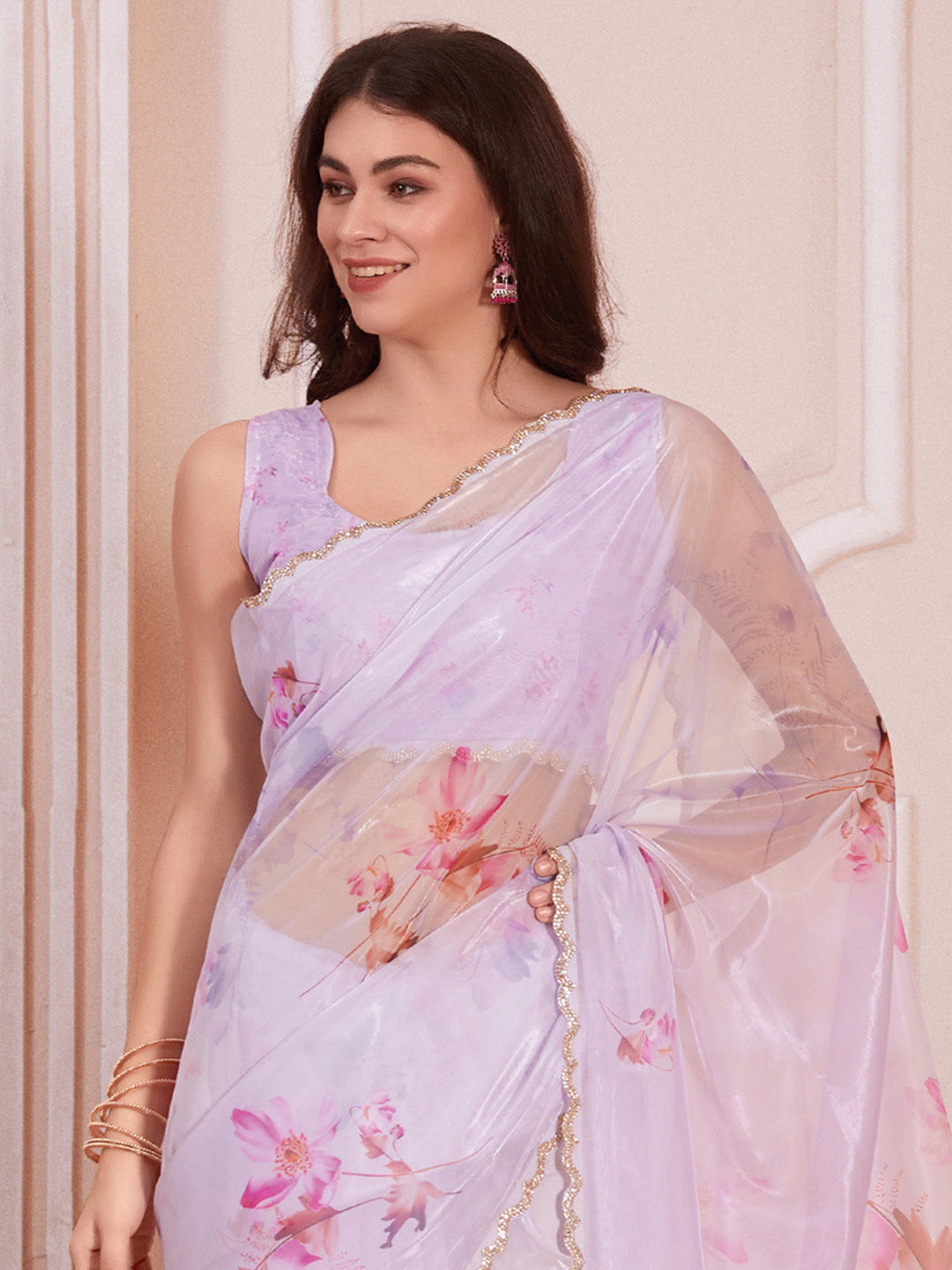 Organza Lavendar Digital Print Designer Saree With Blouse