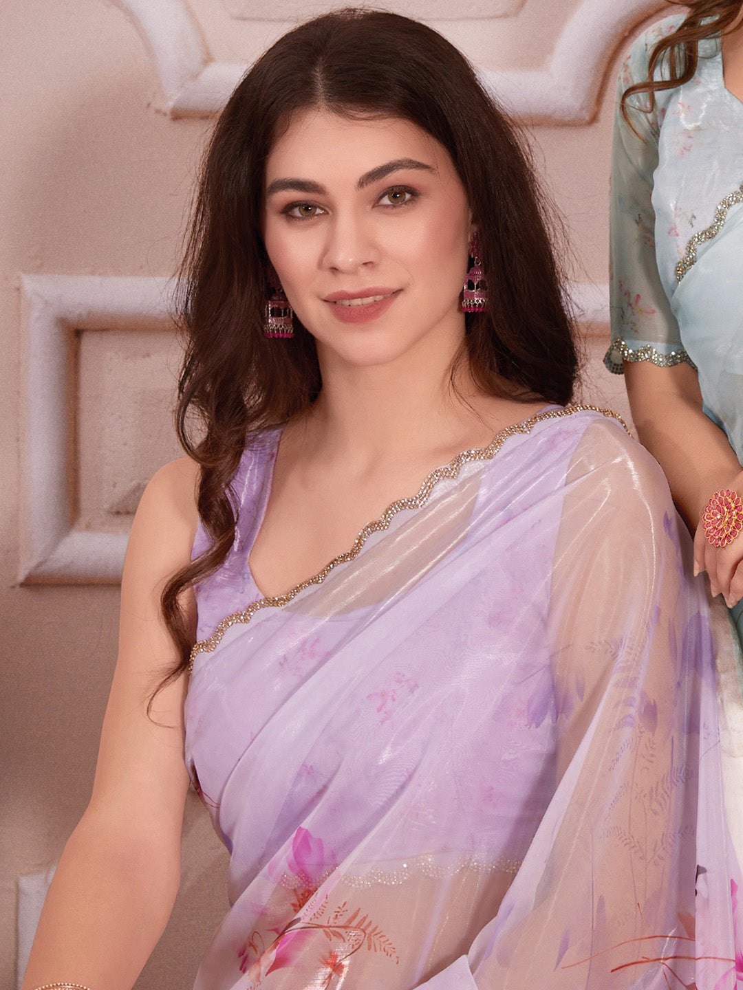 Organza Lavendar Digital Print Designer Saree With Blouse