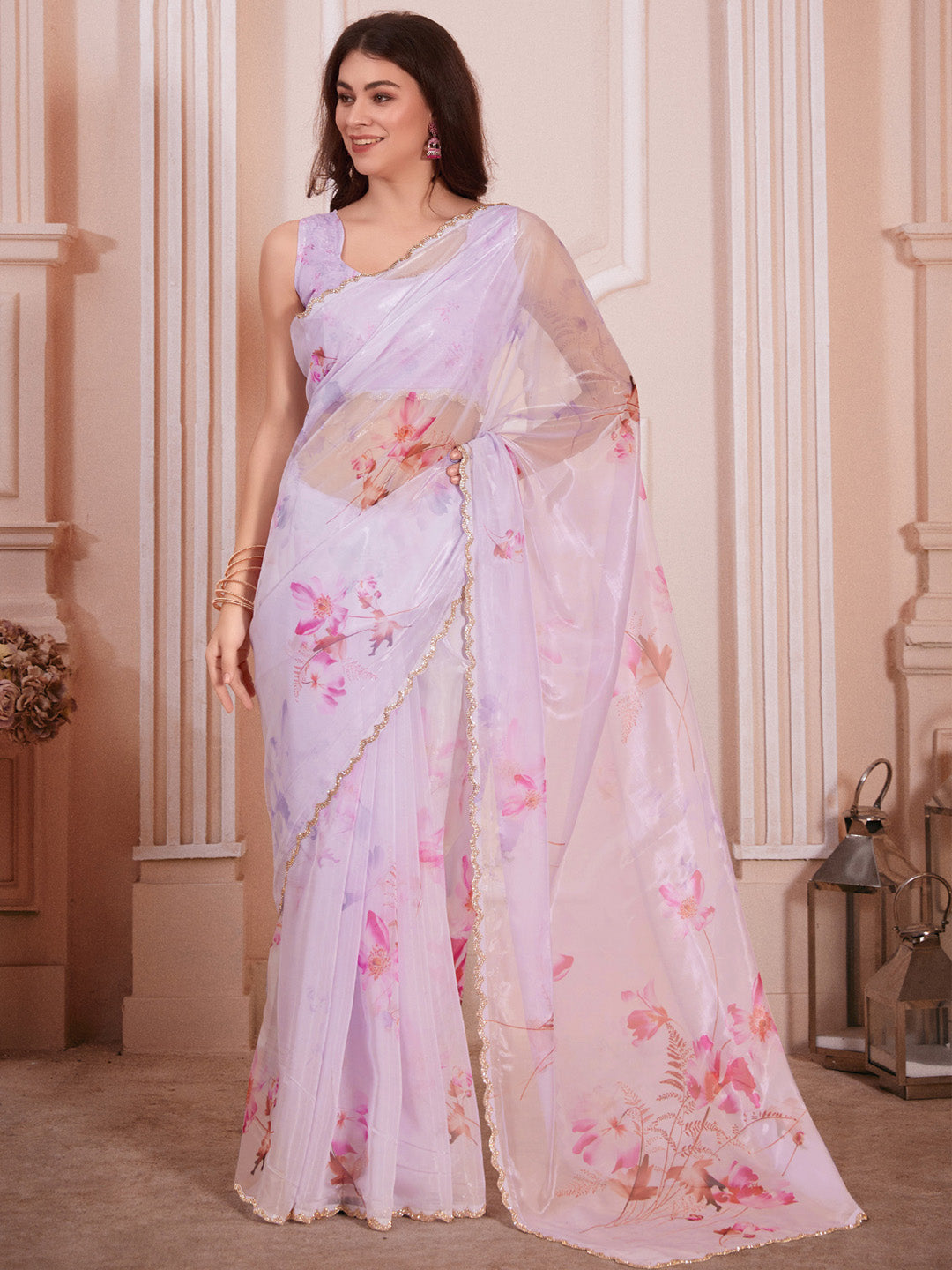 Organza Lavendar Digital Print Designer Saree With Blouse